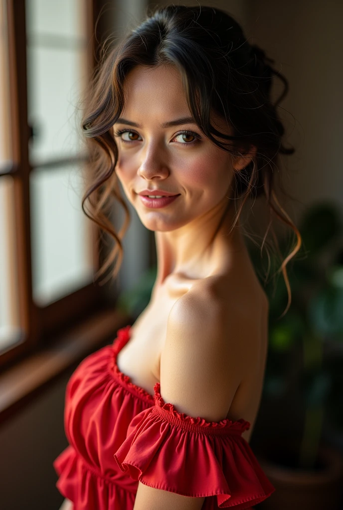photo de pose de tout le corps, cheveux waivy, un peu comme Monica Bellucci, sourire, Chignon, portant une robe midi brodée Zinnia, décolleté profond, gros seins, vue complète du corps, ses seins sont grands et beaux, yeux bleu, lèvre pulpeuse