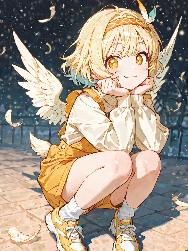 (((1girl))), ((best quality)), ((masterpiece)), ((ultra-detailed)), (illustration), (detailed light), (an extremely delicate and beautiful), (beautiful detailed eyes), (sunlight), ((extremely light)),
(((( and a pleated skirt)))),
girl,
wavy short manish bob, (((yellow gold hair))), (((short hair))),
(((deep red eyes))),
(((angelic clothes))), (((((angel wings))))), (((angel halo))),
((whole body)), aged 1mond, beautiful, ((extra elegant)), (((condescending expression))), (sexually mischievous smile), (((extra adorable))), (((extra slender shape))),
(((((sitting on her knees on the magic circle))))),
((((exposed white and pearl whity gold panties)))), (((extraordinarily thin thighs)))