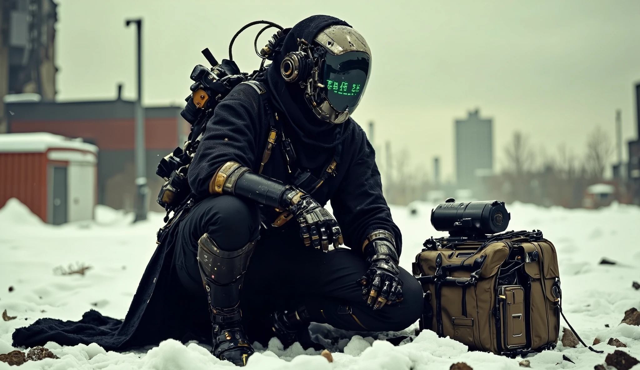 a cyber information scout dressed in dark mechanical armor, equipped with advanced visual devices that cover the face with a glowing display - an ascii art smiley face is visible on the screen. The bleaked yellow and black background accentuates the silhouette of the scout, with detailed gear and wires extending from the armor, blending seamlessly with the surrounding. The overall style exudes a futuristic and tech-driven atmosphere.apoclypseRecypu style, Cyberpunk highly detailed, high-resolution photograph. A futuristic, armored warrior crouching on a gritty,  desolate snow-swept plain. The subject's head is covered by a sleek, metallic  plain helmet  that obscures the face, giving an ominous, robotic appearance. The helmet is adorned with various sensors and neon blue flux core lights flowing, suggesting advanced technology. The warrior's body is clad in a full suit of advanced, high-tech armor, primarily made of a mix of metal and synthetic materials. The armor is heavily detailed with intricate circuits, joints, and mechanical components, indicating advanced robotics and cybernetics merge in biomechanical system. The suit is predominantly black with hints of dark gray and silver, and it is adorned with various pouches, straps, and utility belts, suggesting a high level of tactical gear. The warrior's left hand is extended forward, showcasing a complex, mechanical prosthetic with multiple fingers and advanced articulation. The right hand rests on the knee, also with a prosthetic that appears more organic, possibly biological. A machine gun with a brown handle is sheathed on the warrior's back, adding to the military aesthetic. The background shows an industrial, urban environment with blurred, metallic structures and a gray sky, emphasizing the gritty, post-apocalyptic setting. The overall mood is intense and futuristic. sentinelbot. apoclypse
