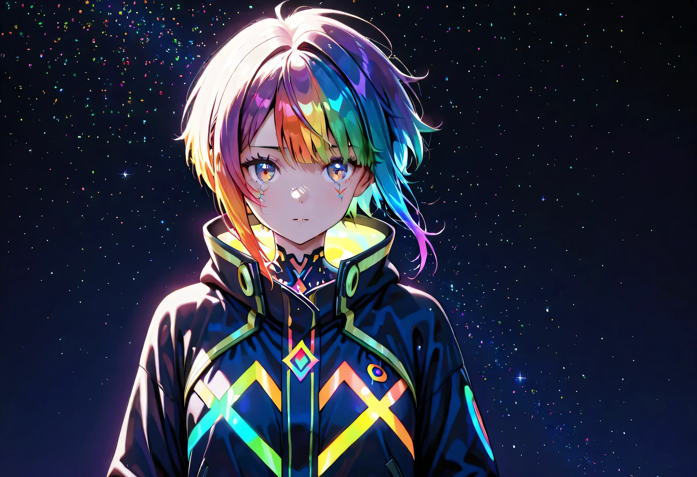 Magical girl, rainbow scratch art effect, glowing neon runes, complex circular patterns, cyberpunk attire, no hood, exposed colorful hair, starry night design, vibrant rainbow light, dark background, intricate details, anime art style, --ar 3:4 --style raw --stylize 600