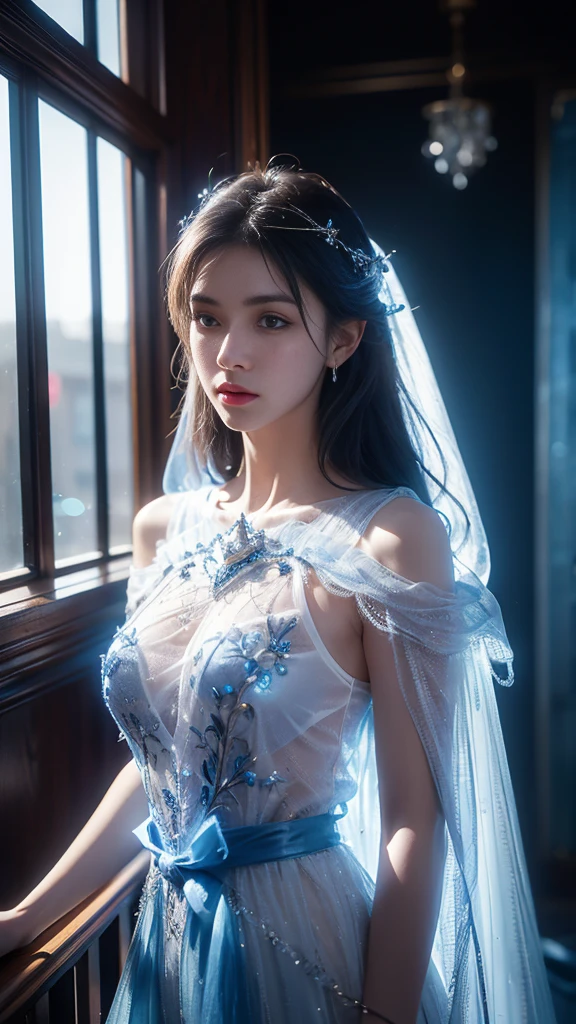Create an ultra-realistic, lifelike image of a Japanese beauty character with long silver hair and large blue eyes. She is wearing a thin fabric white fantasy outfit adorned with delicate decorations that shimmer in the light. The character is posing elegantly, standing gracefully. The background features a light-filled simple design with a white theme, emphasizing the beauty of the character. The illustration technique includes emphasizing the contrast of light and shadow, using advanced rendering techniques to harmonize the character with the background. The image should be in a vertical format to highlight the beauty of the character and the dreamlike quality of the setting.