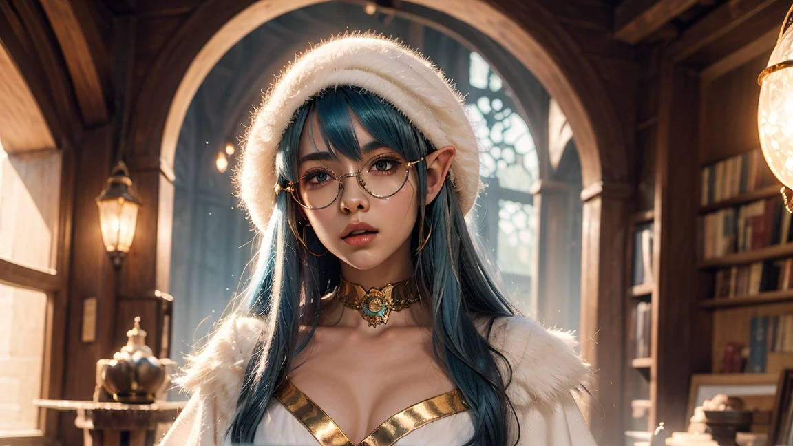 Portrait of a girl with elf ears. Her hair is blue and so are her eyes., she wears big round glasses, she is wearing a red robe, curly hair anime mo artstyle