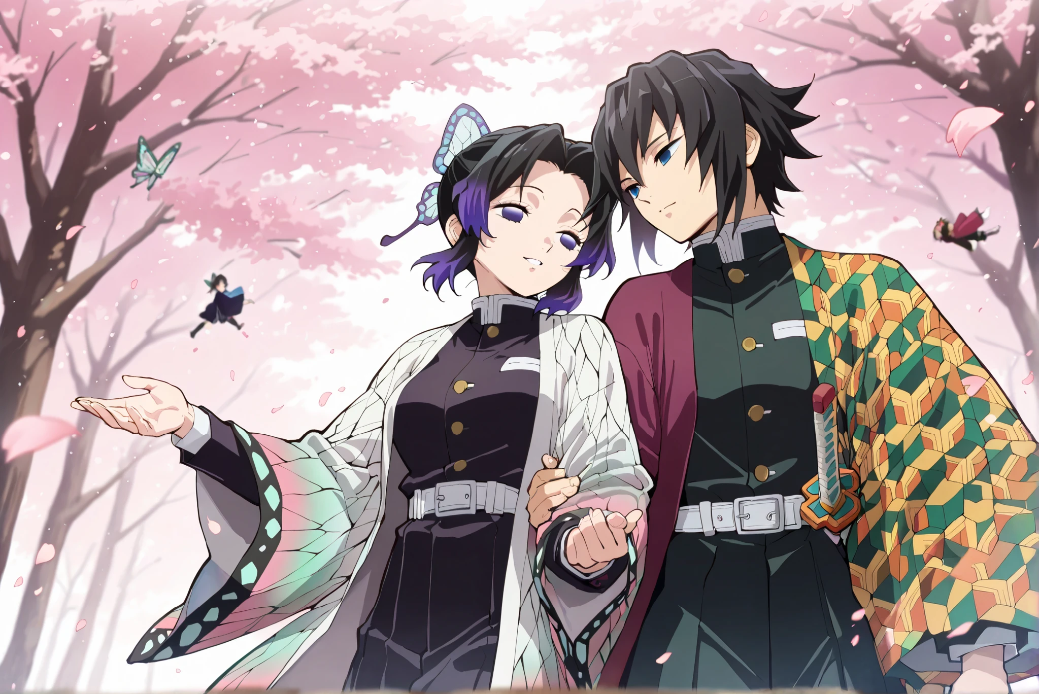 ((masterpiece)), ((best quality)), (8k), A brunette boy and a girl hugging each other, (Giyuu Tomioka), The boy is Tomioka Giyu from Demon Slayer, Tomioka Yoshiyuki, Tomioka Giyu , (kochou shinobu), The girl is Shinobu Kocho from Demon Slayer, cherry blossom tree background, falling petals, anime style, Anime style, Refer to the style of Koyoharu Gotouge's work