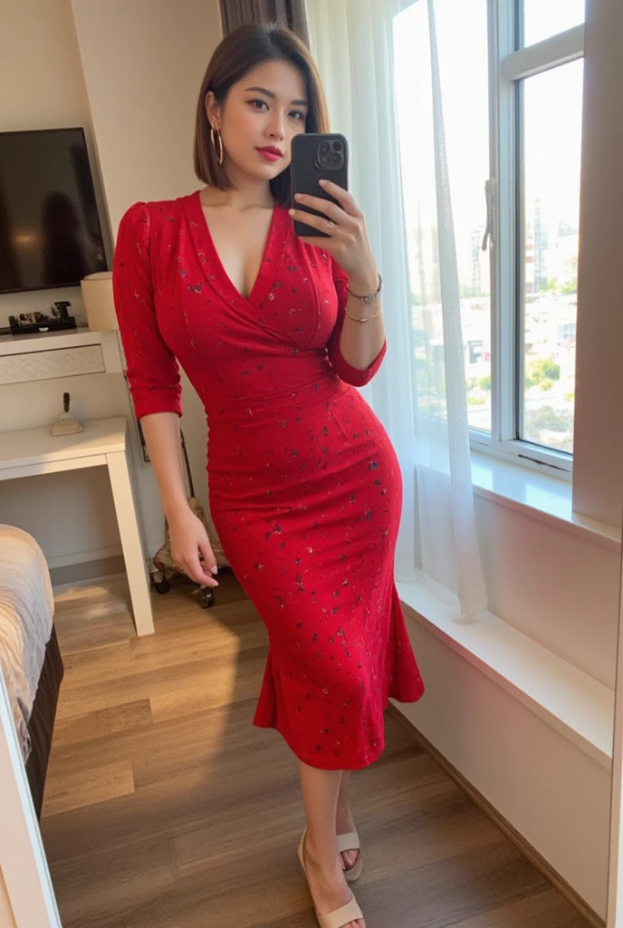 araffe woman in a red dress standing in front of a mirror, wearing red dress, flattering photo, wearing a red dress, smallest waistline ever, hands on hips, she is about 40 years old, she is about 4 0 years old, full covered dress, tiny waist, full body wide shot, middle shot waist up, wearing a dress