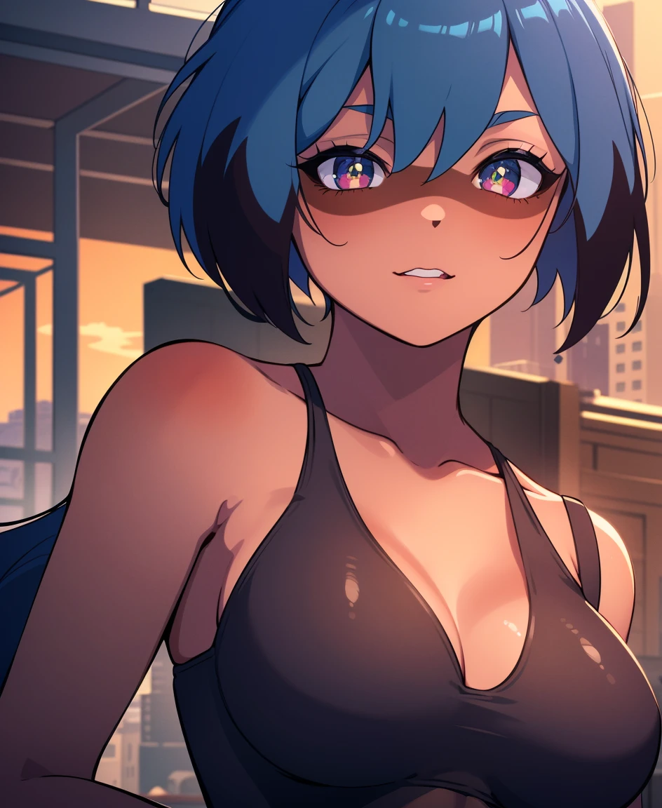A woman with large, heavy breands gracefully next to a towering skyscraper. Her curvaceous body is accentuated by a blue bikini that complements her blue hair, styled to resemble wings. She positions her arms strategically, creating a powerful and elegant image.