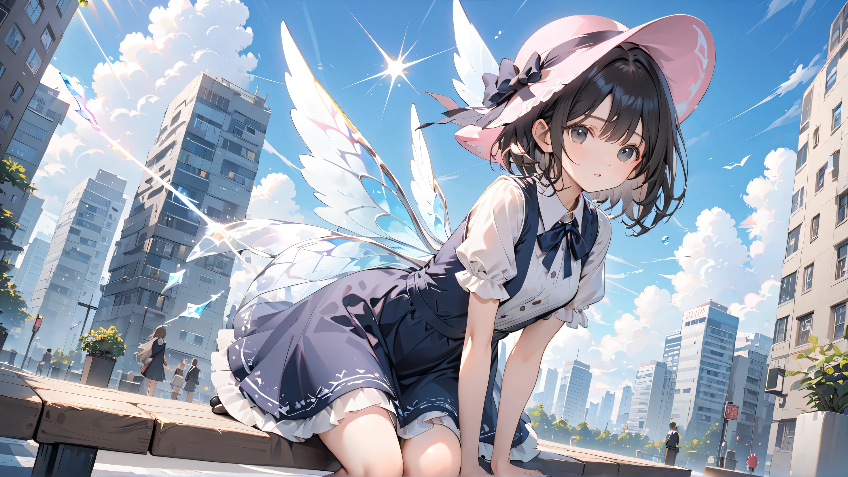 ( best quality , high resolution , Textured skin , high quality, high detail, extremely detailed CG unity),one, age girl , magic girl,Black short hair,Black Eyes,pink small hat,holding a magic wand,Walking stick , magic ,cute,Multi-layered ruffles,Lace,Beautiful patterns,Dress nicely,Modern casual clothes,outdoor, the only person,Fluttering skirt, exquisite pretty face , dynamic angle,Full body shot,Sitting on a curbside bench ,hunched over,exhausted,Drink coffee, tall buildings , blue sky and white clouds