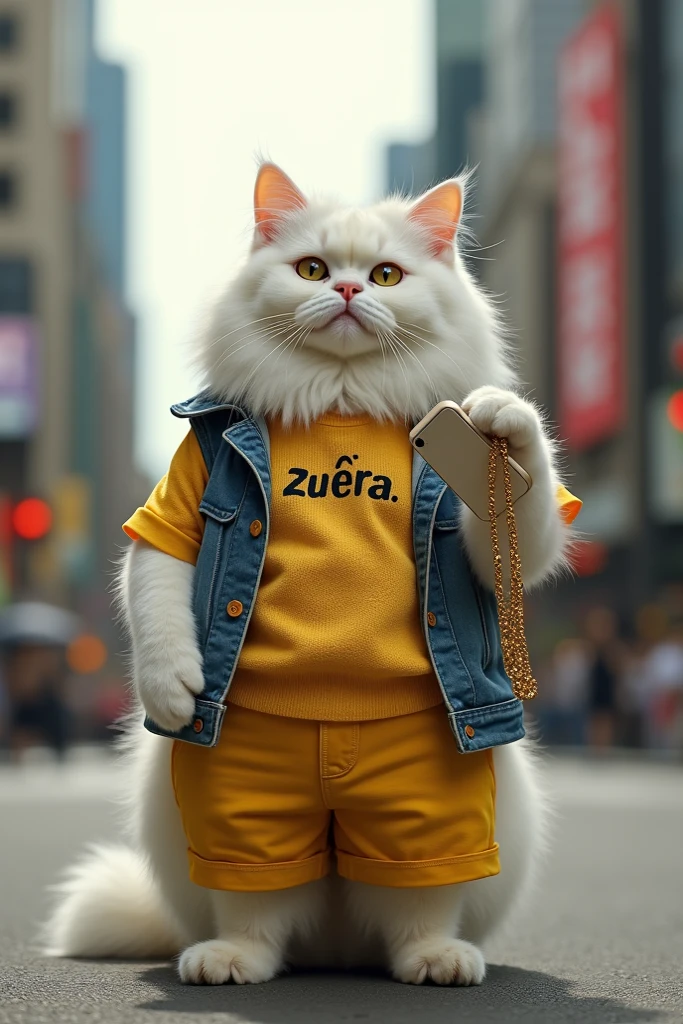 A white Persian cat with a shiny coat he has a very fine gold cord written Zueira holding an iPhone on his front paw he is standing on his hind legs walking in the middle of a busy city he wears yellow Hawaiian shorts and short jeans and yellow knitted t-shirt written Zueira realistic photo