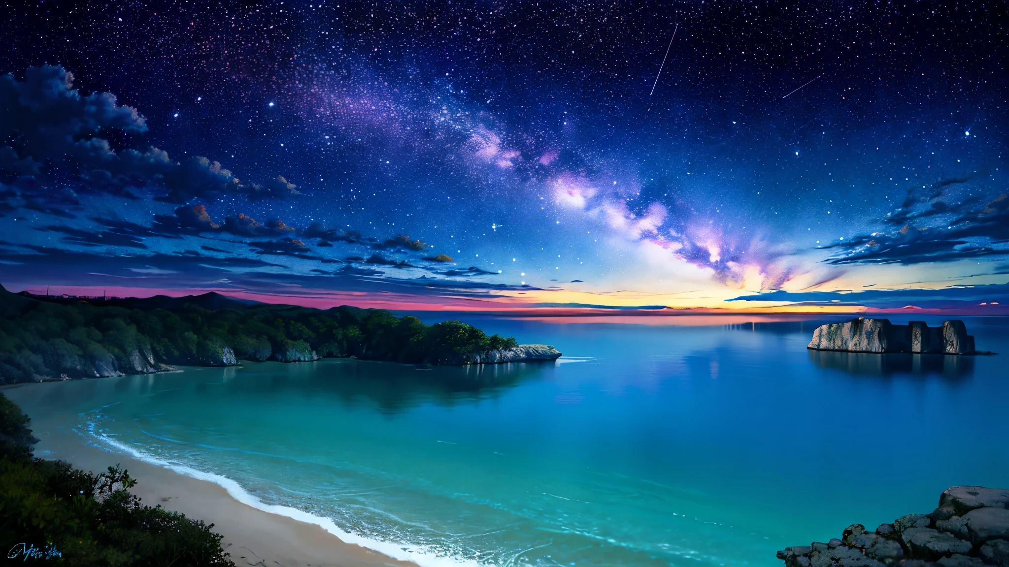 超HD, HD, high quality ,壮観なscenery,octans, null, 満天の星null, scenery, 星null, night , 1 girl, night null, shooting star, the Milky Way Galaxy covering the entire sky, 海に夜nullが映っている, sitting, tree, long hair, silhouette , A lot of plankton is shining blue in the sea at night,The ocean is shining blue,Noctilucent bugs are glowing pale,Sea fireflyがもの凄く光っている, beautiful sandy beach,