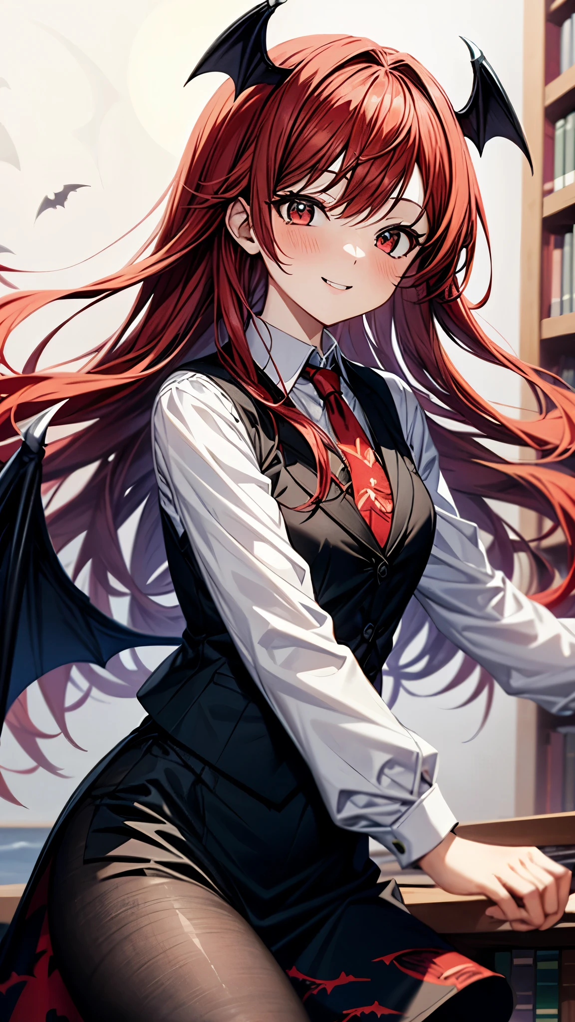 (super high quality,Ultra High Definition,16k,super masterpiece,Ultra HD , detailed shading and background,)one girl, long red hair with ocean print,bat feathers on the head, devil's wings on the back, white long sleeve shirt,Black vest,red tie,black skirt,smile,blush,The library where the sun shines,