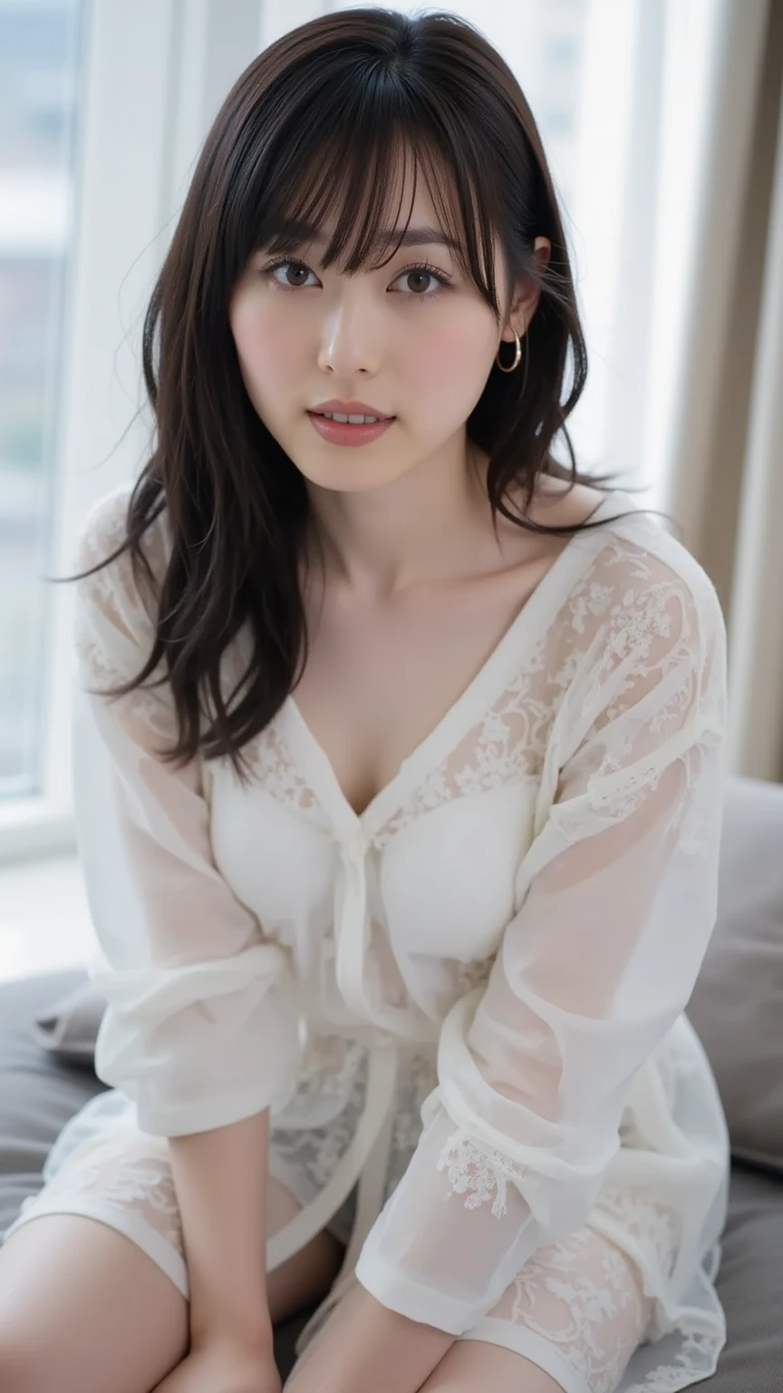 ((Best Quality, 8k, Masterpiece, Portrait: 1.3)), (from below, look down, looking at viewer), (cowboy shot:1), Photorealistic, Sharp Focus, Solo, Japan Milf, Beauty, ((lying down)), (open mouth:0.7), Cloth with Cleavage View, 42 Years Old, Wavy Hair, Wrinkles at the Corners of the Eyes, Emphasized, ((Huge:1.4))),lewd,Erotic, gorgeous bra, wet bathroom floors,