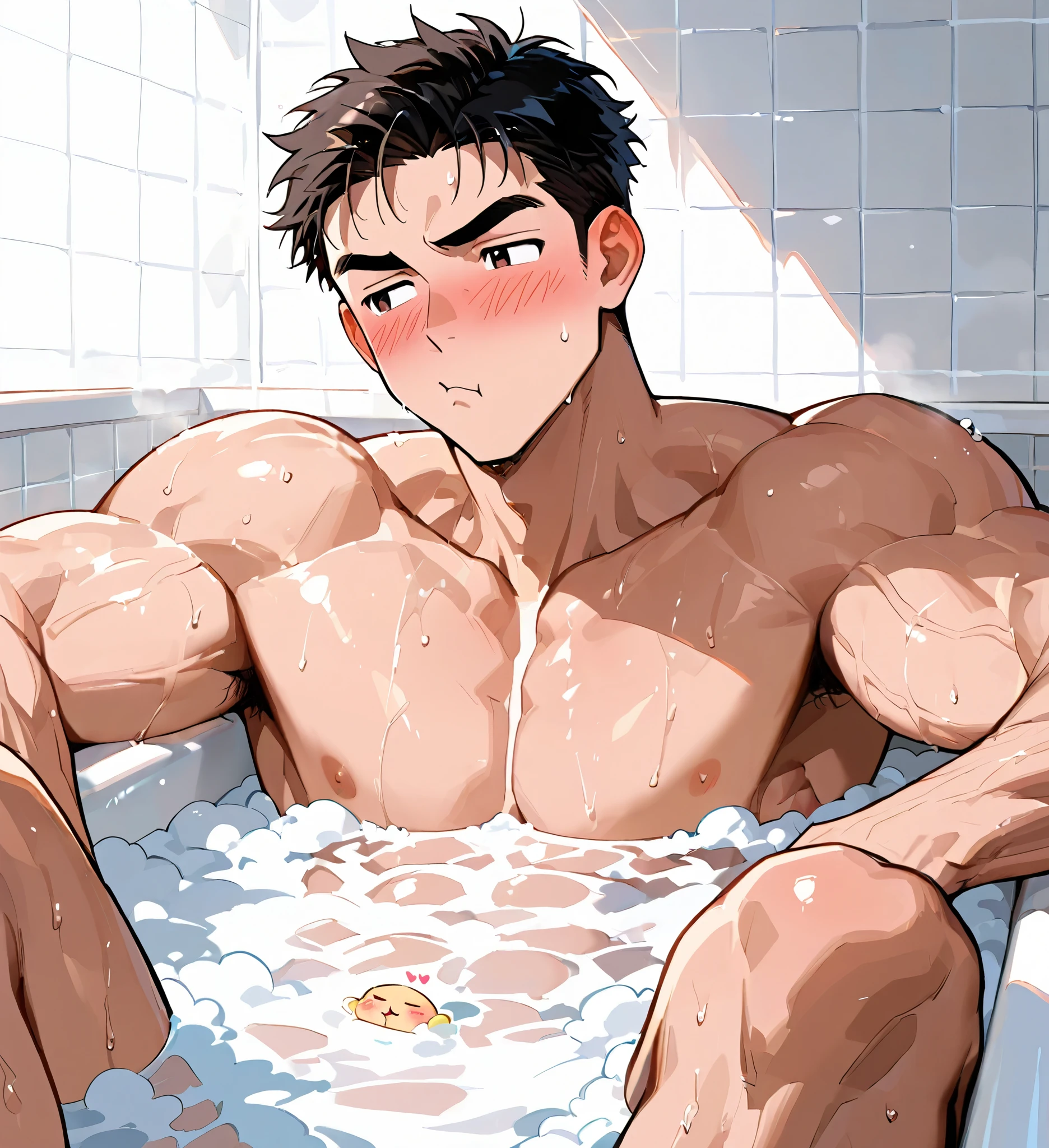 1boy, taking a bath, pouty face, muscular, blush,