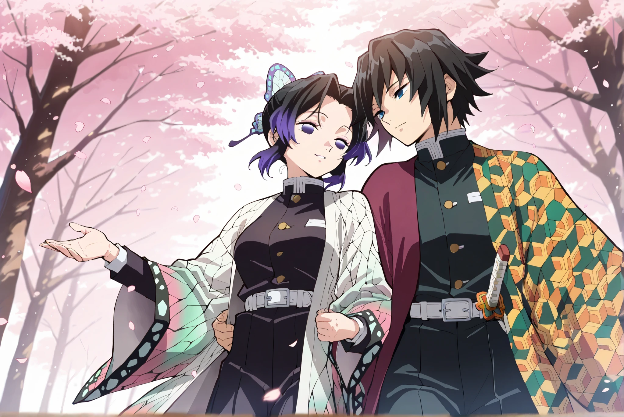 ((masterpiece)), ((best quality)), (8k), A brunette boy and a girl hugging each other, (Giyuu Tomioka), The boy is Tomioka Giyu from Demon Slayer, Tomioka Yoshiyuki, Tomioka Giyu , (kochou shinobu), The girl is Shinobu Kocho from Demon Slayer, cherry blossom tree background, falling petals, anime style, Anime style, Refer to the style of Koyoharu Gotouge's work