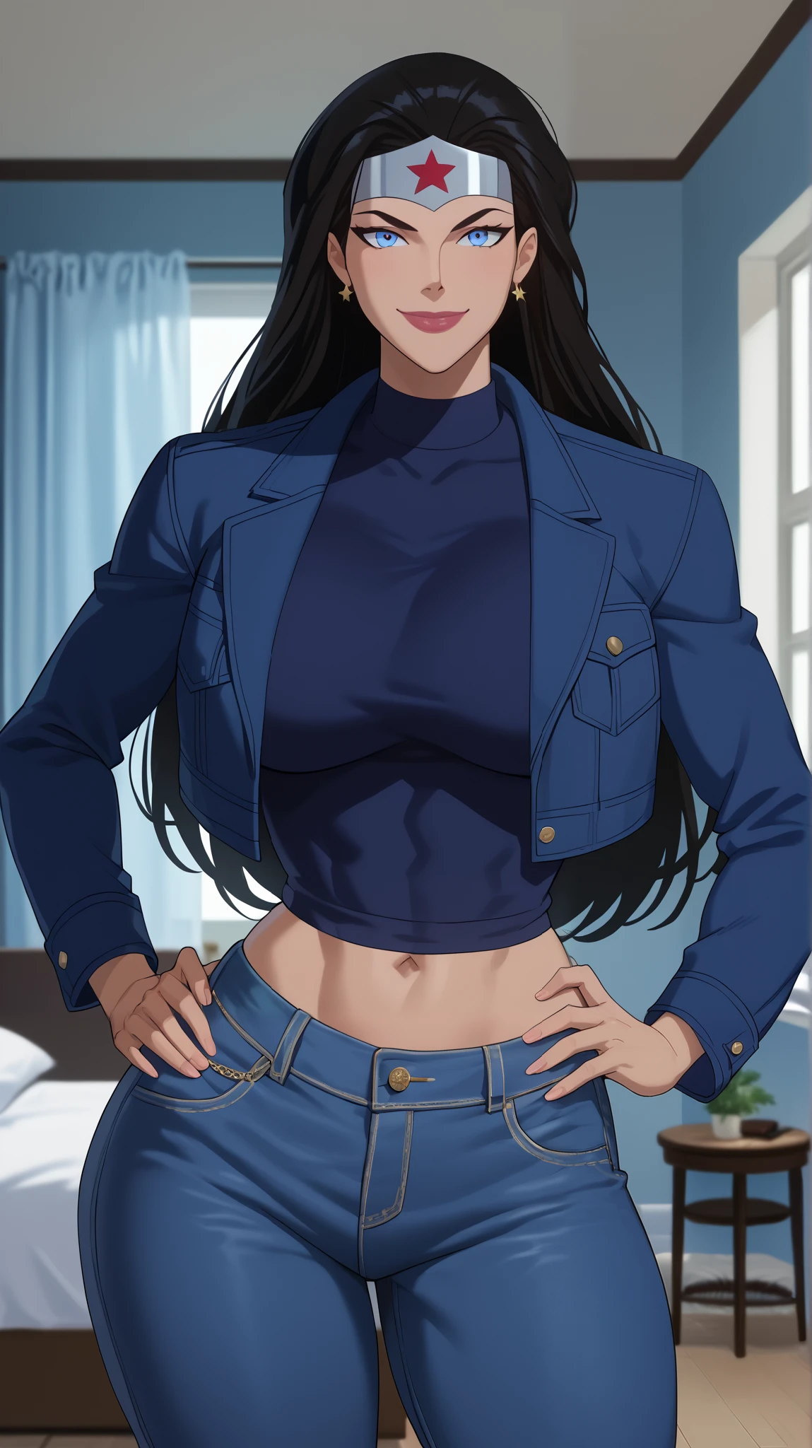 Score_9, Score_8_up, Score_7_up, Score_6_up, Score_5_up, Score_4_up, Source_anime, Tag1, Tag2, Quality_masterpiece, Anatomically correct, Beautiful face, Perfect face, Highly detailed beautiful face and eyes, Attractive face, Detailed face, Delicate facial features, Detailed skin, Wide hips, Huge butt, big butt, Thick thighs, Mature female, long hair, Bedroom eyes, Perspired BREAK Rating_safe,  motherly face, detailed eyes, toned body, milf, motherly look, mature female, milf, seductive face, standing, wowobldlns, forehead protector, dark blue leather jacket, long sleeve, dark blue crop top, dark blue jeans, long hair, bedroom, happy expression, smiling, closed mouth, indoors, large breasts,  looking at viewer, blue eyes,  black hair, open jacket, hands on hips