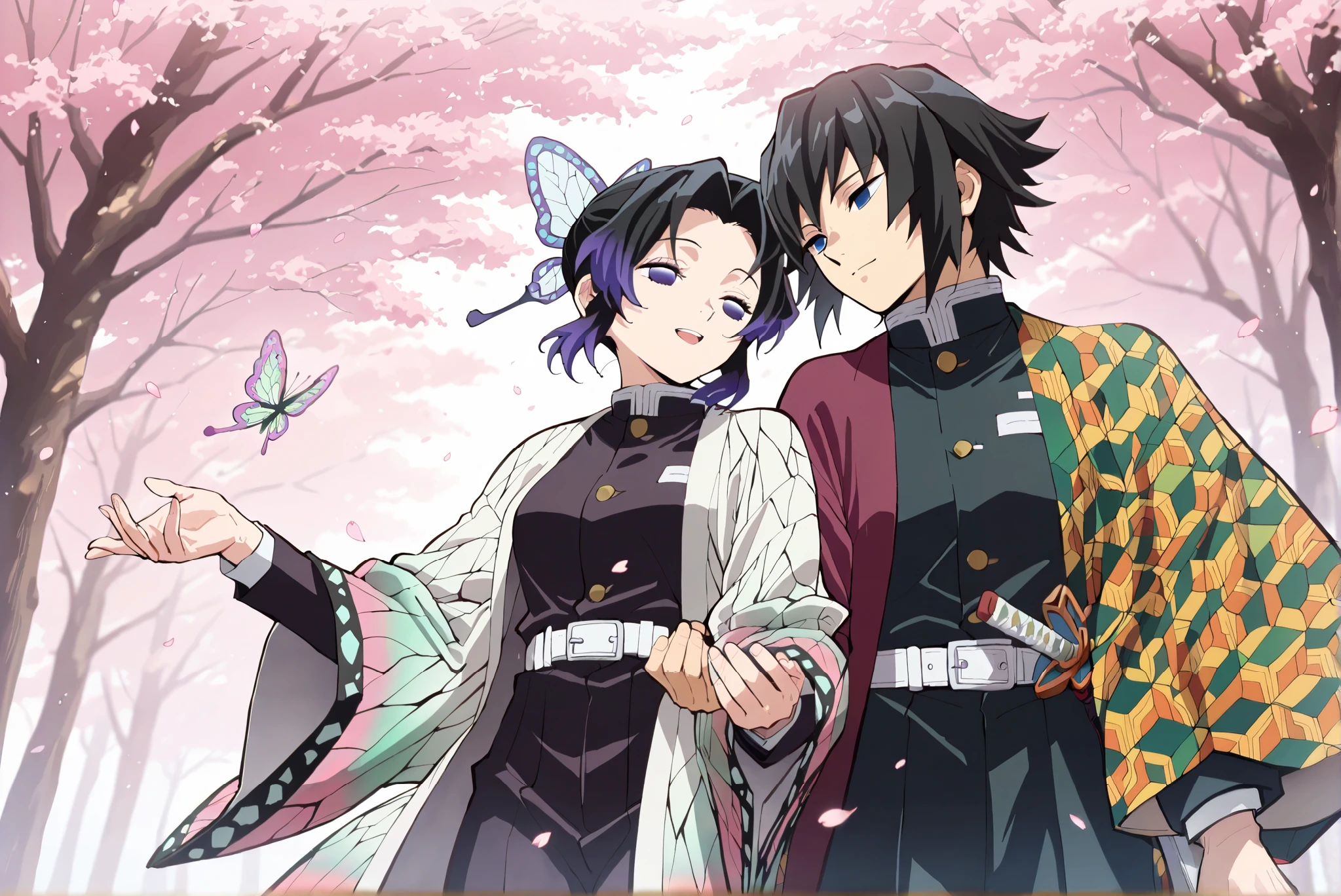 ((masterpiece)), ((best quality)), (8k), A brunette boy and a girl hugging each other,  (Giyuu Tomioka), The boy is Tomioka Giyu from Demon Slayer, Tomioka Yoshiyuki, Tomioka Giyu , (kochou shinobu), The girl is Shinobu Kocho from Demon Slayer,  cherry blossom tree background， falling petals, anime style, Anime style, Refer to the style of Koyoharu Gotouge's work