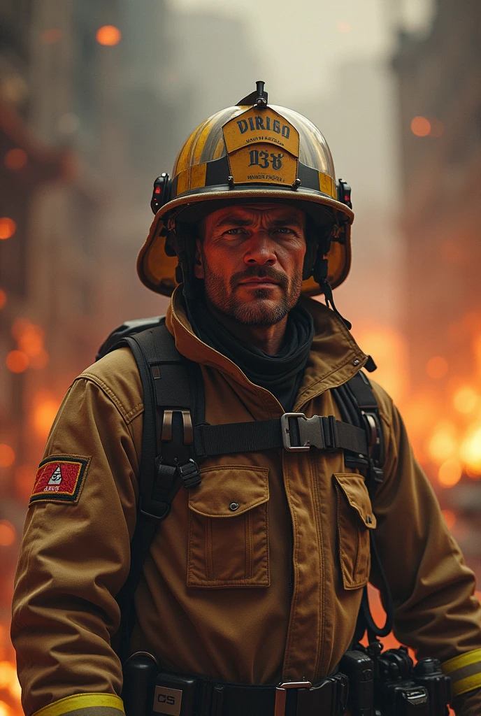 «»A photorealistic image of a professional model portraying a firefighter. El bombero lleva un traje sucio de bomberos, with soot and grime evident from the intense firefighting action. The model smiles confidently, exuding a sense of determination and courage. El fondo es un entorno urbano, con toques de humo y fuego en la distancia para representar el entorno desafiante en el que opera el bombero. The image must be captured with a high-quality camera with a 70mm lens, Proporcionar una vista de plano medio del modelo. The lighting should be natural, con rayos de sol entrando por una ventana parcialmente oscurecida, Cast dynamic shadows on the model's face and costume. Resolution must be 4K, highlighting the fine details of the suit and the facial expression of the model. The overall style should be realistic and dramatic, Inspired by firefighting documentary photography and professional firefighting photojournalists. Artistic inspiration can be drawn from renowned photographers such as Joe McNally and Steve McCurry.. The message should emphasize the importance of model expression and the gritty realism of firefighting...»»
