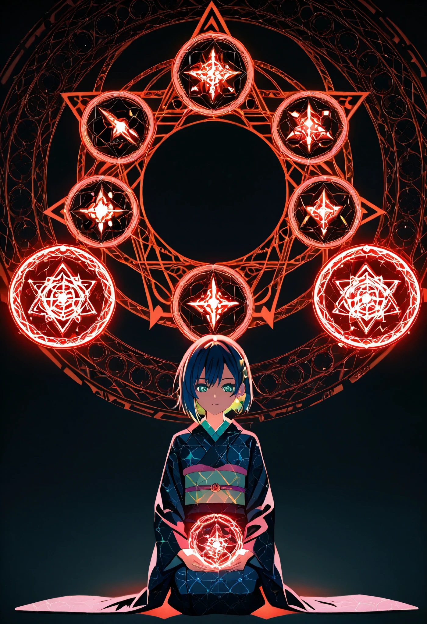 Anime girl in a state of magical meditation, surrounded by glowing intricate magic circles, detailed inscriptions, kimono with starry night pattern, bioluminescent accents, soft lighting, dark background, digital illustration --ar 3:4 --style raw --profile --stylize 200