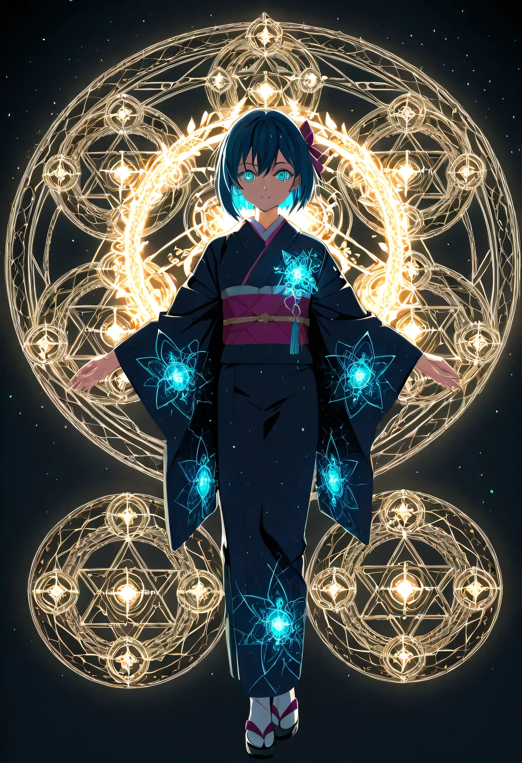 Anime girl in a state of magical meditation, surrounded by glowing intricate magic circles, detailed inscriptions, kimono with starry night pattern, bioluminescent accents, soft lighting, dark background, digital illustration --ar 3:4 --style raw --profile --stylize 200