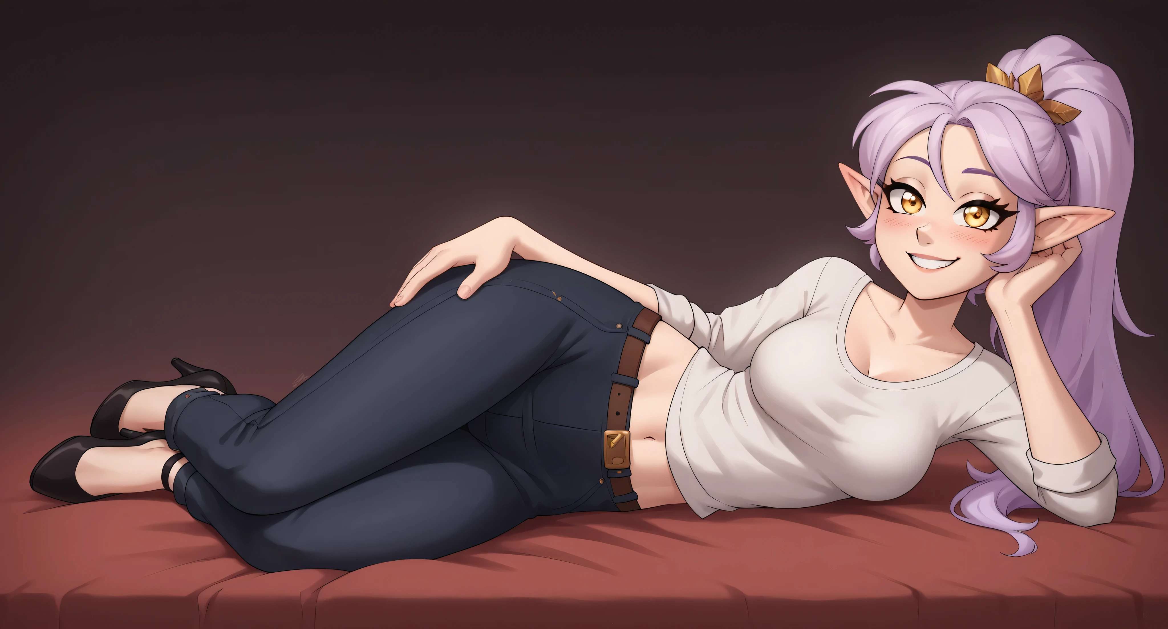 (4K HD Quality), score_9_up, score_8_up, score_6_up, anthro, solo, 1girl, female, elf, lavender hair, long hair, golden eyes, medium large breasts,
(Amity_Blight_Season_3_Version), (ponytail_hair_style),
blush, perfect teeth smile, looking at view, full body view,
laying down, laying on side, shirt, long pants, high heels, simple dark background,
