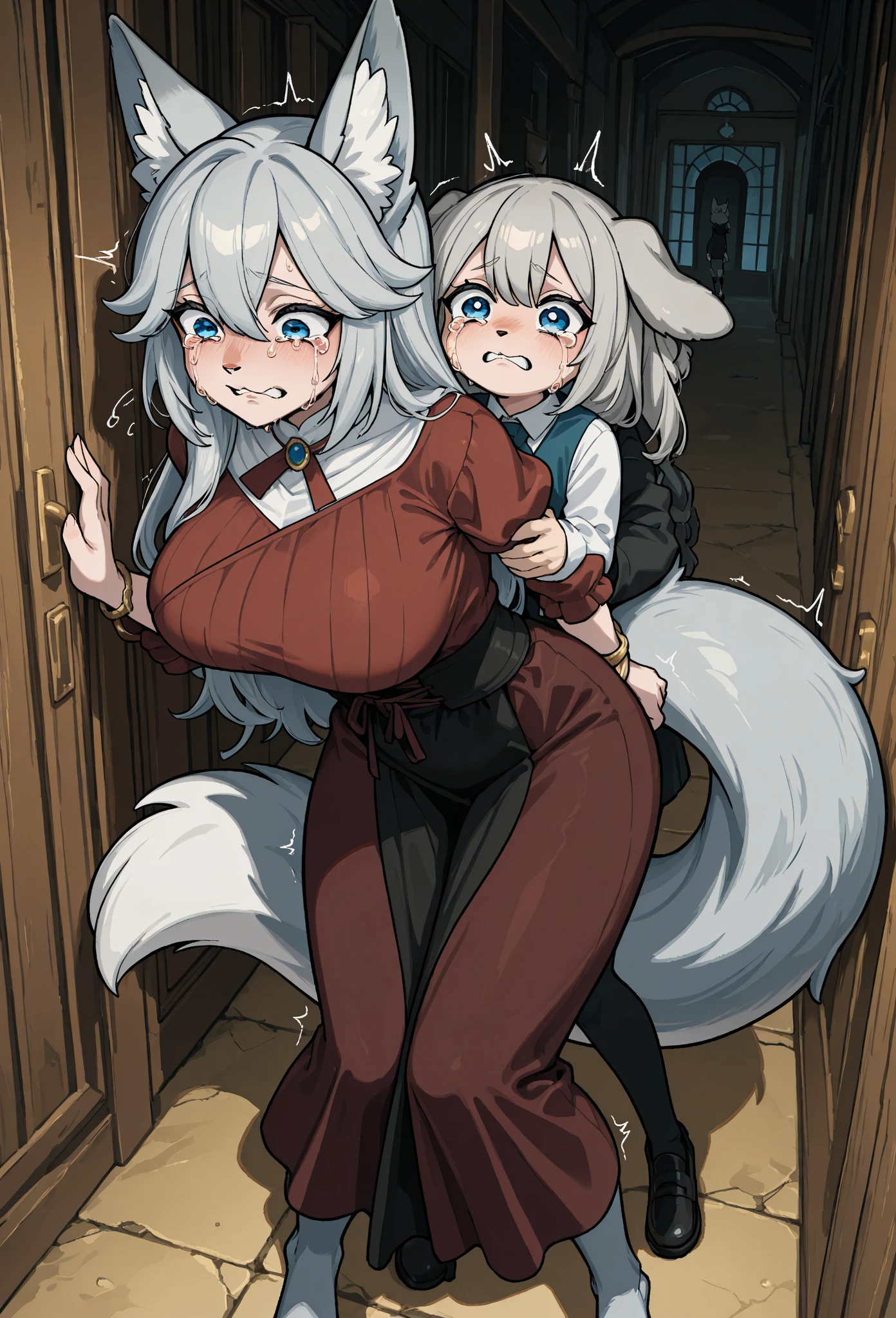 ((best quality)), ((highly detailed)), masterpiece, (detailed eyes, deep eyes), (1girl), (glasses), full body, BREAK 3girls, <lora:cerberusHelltaker_v10:1>, cerberus \(helltaker\), white hair, long hair, glowing eyes, (red eyes), dog ears, demon tail, medium breasts, suit, red shirt, black vest, necktie, black pants, black belt, black gloves, <lora:AsuraV1:.7>