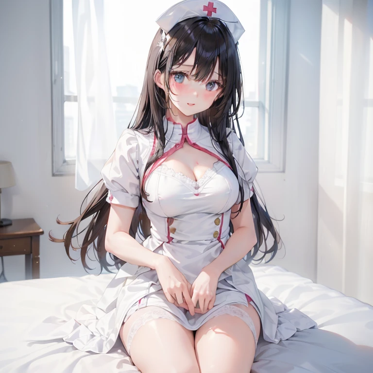 top-quality、Full limbs、complete fingers、1 beautiful woman、beautiful detailed eyes、Gray eyes、super detailed skin、sweat、oil、Slender beauty、straight haired、blown hair、french braid、blunt bangs、head tilt、((pink Nurse bikini、covered erectile nipples、very skinny))、cleavage、White pantyhose、hospitals、Hospital Room、on Patient bed、(stethoscope)、((((vulgarity))))、spoken heart、（light dark skin：1.8）、
