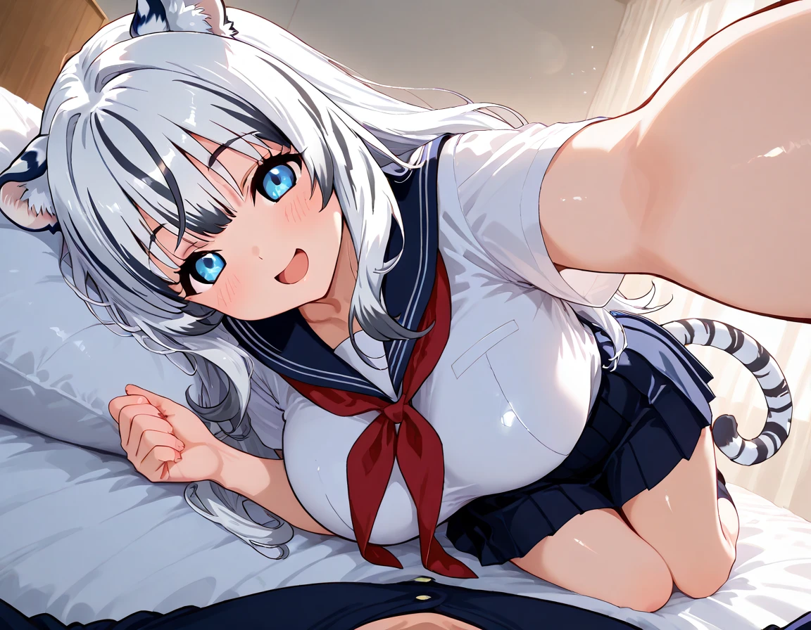 ((best quality)), ((masterpiece)), (detailed), perfect face. White hair. Short hair. Nekomimi. Anime girl. Pink eyes. Smiling. Sex. Penis. Vagina. 1boy. Missionary. Sweat. Creampie.