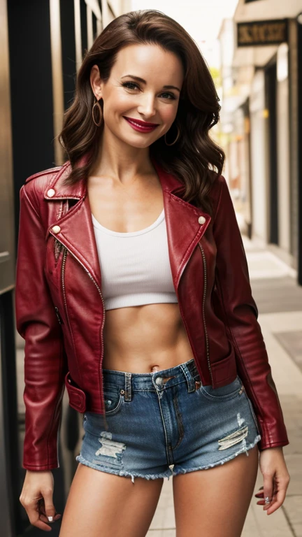 best resolution, 2 heads, two different people become conjoined, buzz cut, no hair, eyeliner, Small smile. Round glasses. Loop earrings. Red leather jacket. Athletic build. Black crop top. Turtleneck. Black leather pants. Abs. Posing.