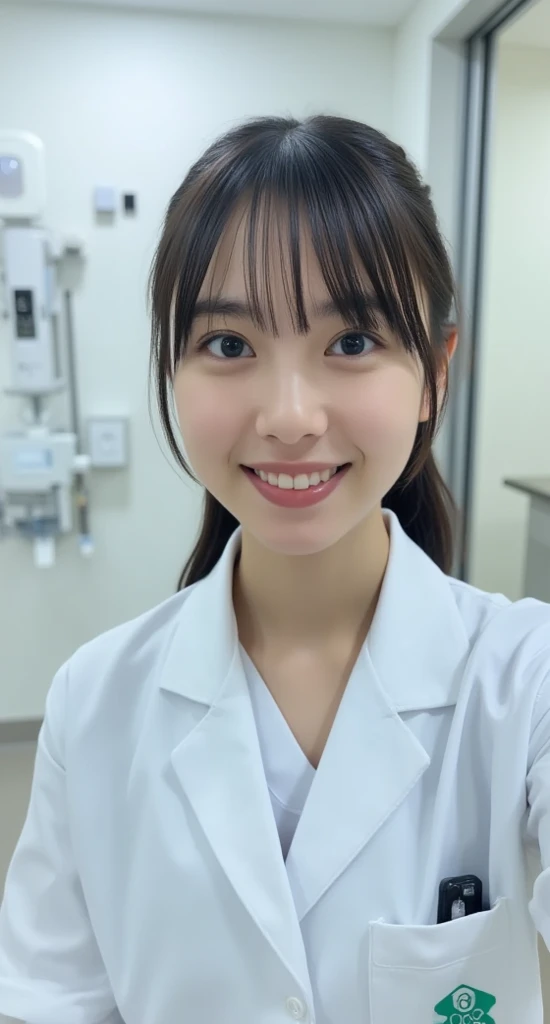 (Highest quality, 8K, 32k, masterpiece, Ultra-high resolution:1.2),Beautiful Japanese Women Photos、Group of 2、healthy、Glowing Skin, Shallow depth of field、Contrasting、Professional Model、looking forward to it、Overbyte、mouth half open、blush:2.5、Random hairstyles for short hair、Black Hair、Face close-up、Portraiture、Teeth are visible、Big Mouth、Droopy eyes、Round face、Multiple moles、Fair skin、Active 24 year old、Brown eyes、Big smile、nurse、Wear a uniform、Working