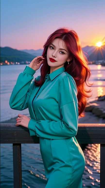 Realiy，Camera to take pictures，European and American face，tmasterpiece，best qualityer，highest  quality，realisticlying，perfectanatomy，perfectface，Perfect eyes，long eyelasher，largeeyes，eye glass，Red lips，lipstick，Business suit，1girll，solo，（Green long hair），shift dresses，eBlue eyes，shairband，Pink dress，blacksilk，red hairband，exteriors, ssmile，lakeside，the sunset🌇