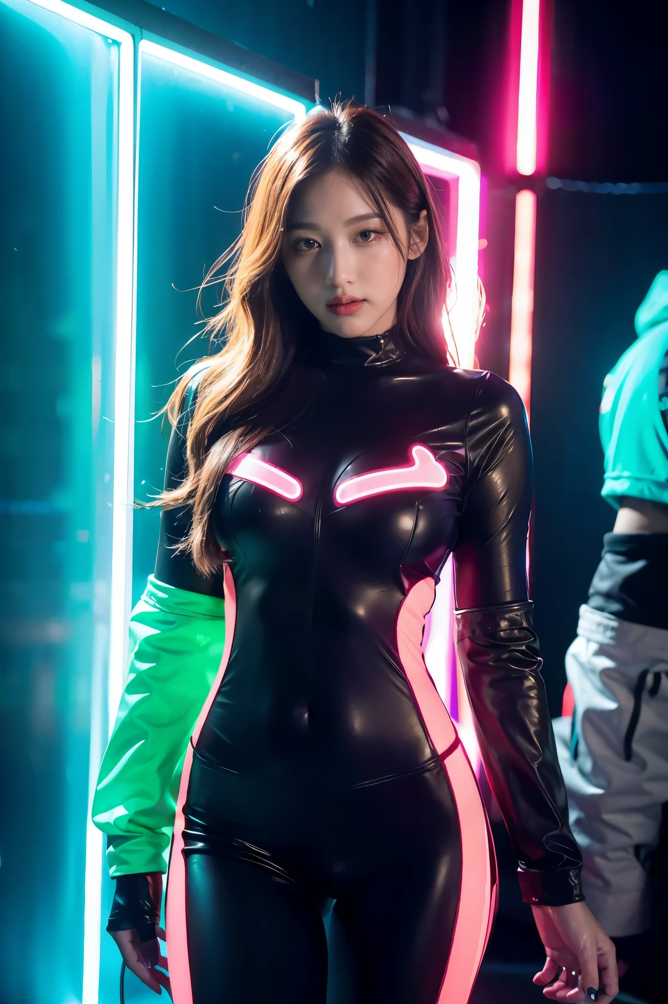 (highest quality、4k、8k、High resolution、masterpiece: 1.2)、Super detailed、(Real、Photorealistic、Photorealistic: 1.37)、SF、Beautiful young woman、((Real fighting:1.5))、((Hit hard:1.5))、Dynamic Pose、((motion blur effect:1.5))、Bounty Hunter、Cybernetic Weapons、Cyberspace、High Tech City、Shining neon lights、((Futuristic Fashion))、((Skin-tight pink metallic outfit))、Mythical creatures、Intense action、Fast-paced、Exciting soundtrack、explosion、Advanced technology、Sharp contrast、Gritty atmosphere、Black Market Trading、Skyline at night、Steampunk elements、Laser gun combat、Hidden Alley、hovering drone、Enhanced Vision、The unforgiving metropolis、Cybernetic Implants、Secret organizationysterious Informant、High Speed Chase、Impressive acrobatics、Colorful holograms、Urban Exploration、Navigating Virtual Reality、A diverse and multicultural society、Dystopian society、 Crowded city street、Hall々A high-rise building、Android Companion、Illegal cybernetic modifications、A heart-pounding adrenaline rush、Heroic determination