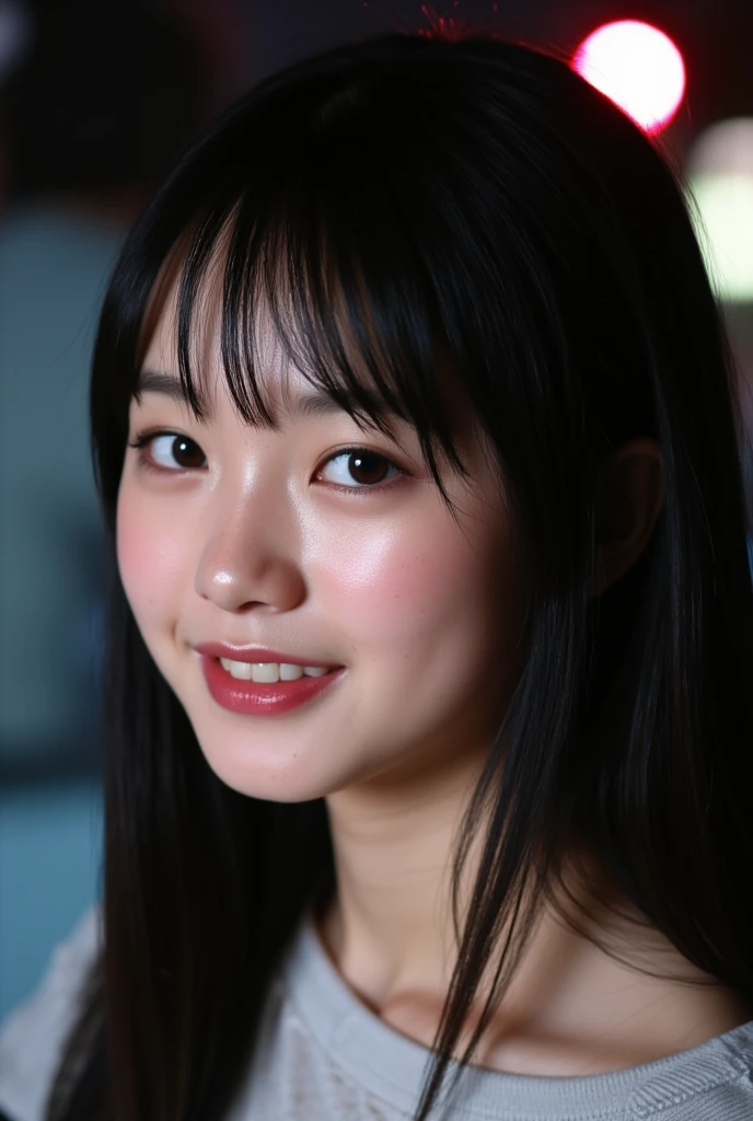 1girl, Tokyo street,night, cityscape,city lights,upper body,close-up,smile,, (8k, RAW photo, best quality, masterpiece:1.2),(realistic, photo-realistic:1.37),