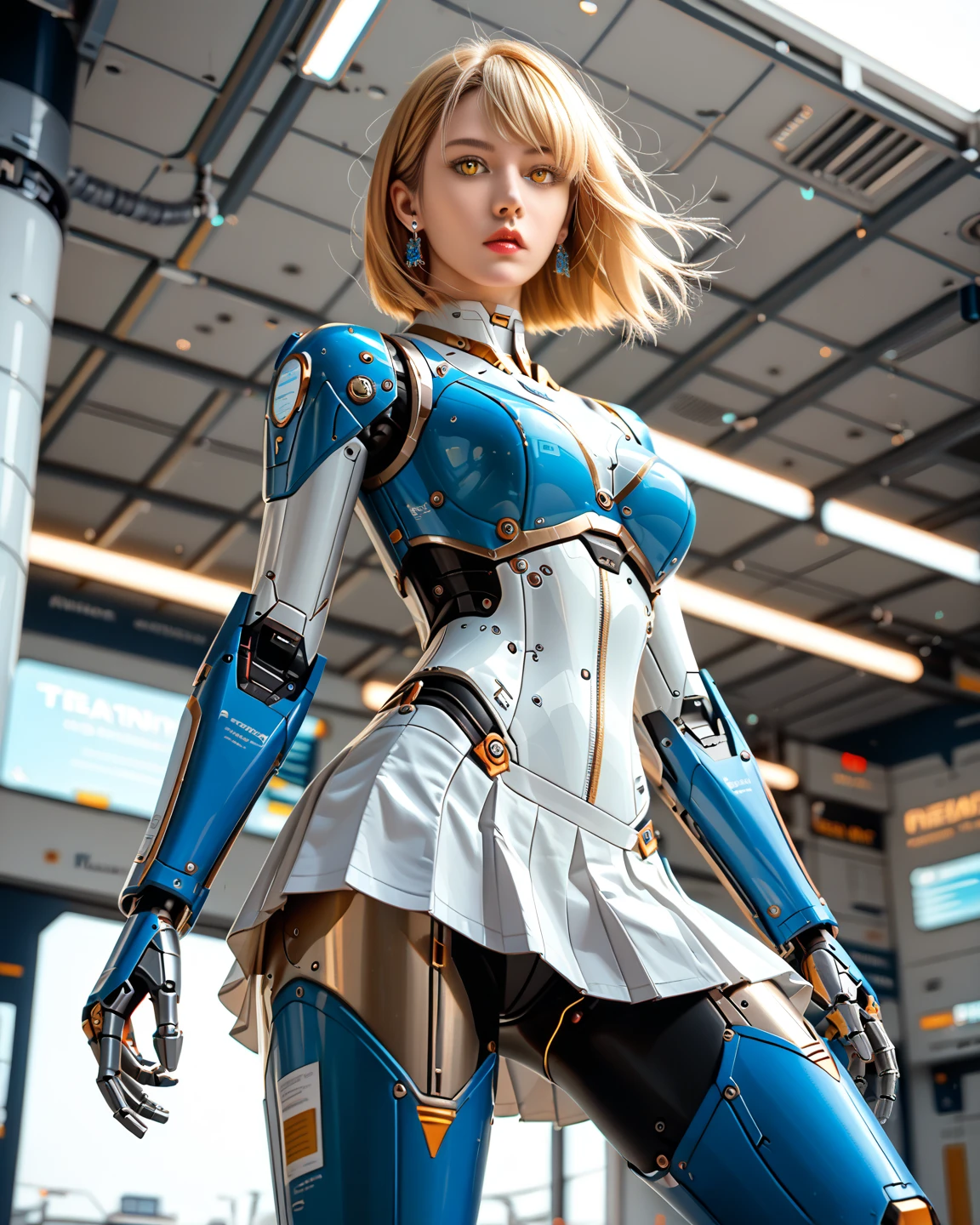 Highest image quality, outstanding details, ultra-high resolution, (realism: 1.4), the best illustration, favor details, highly condensed 1girl, with a delicate and beautiful face, blonde hair , dressed in a white and blue police mecha, wearing a mecha helmet, police tactical vest, tactical harness.holding a pistol, riding on a cybernetic police walking mech, cyberpunk city background is a high-tech lighting scene of the future city.