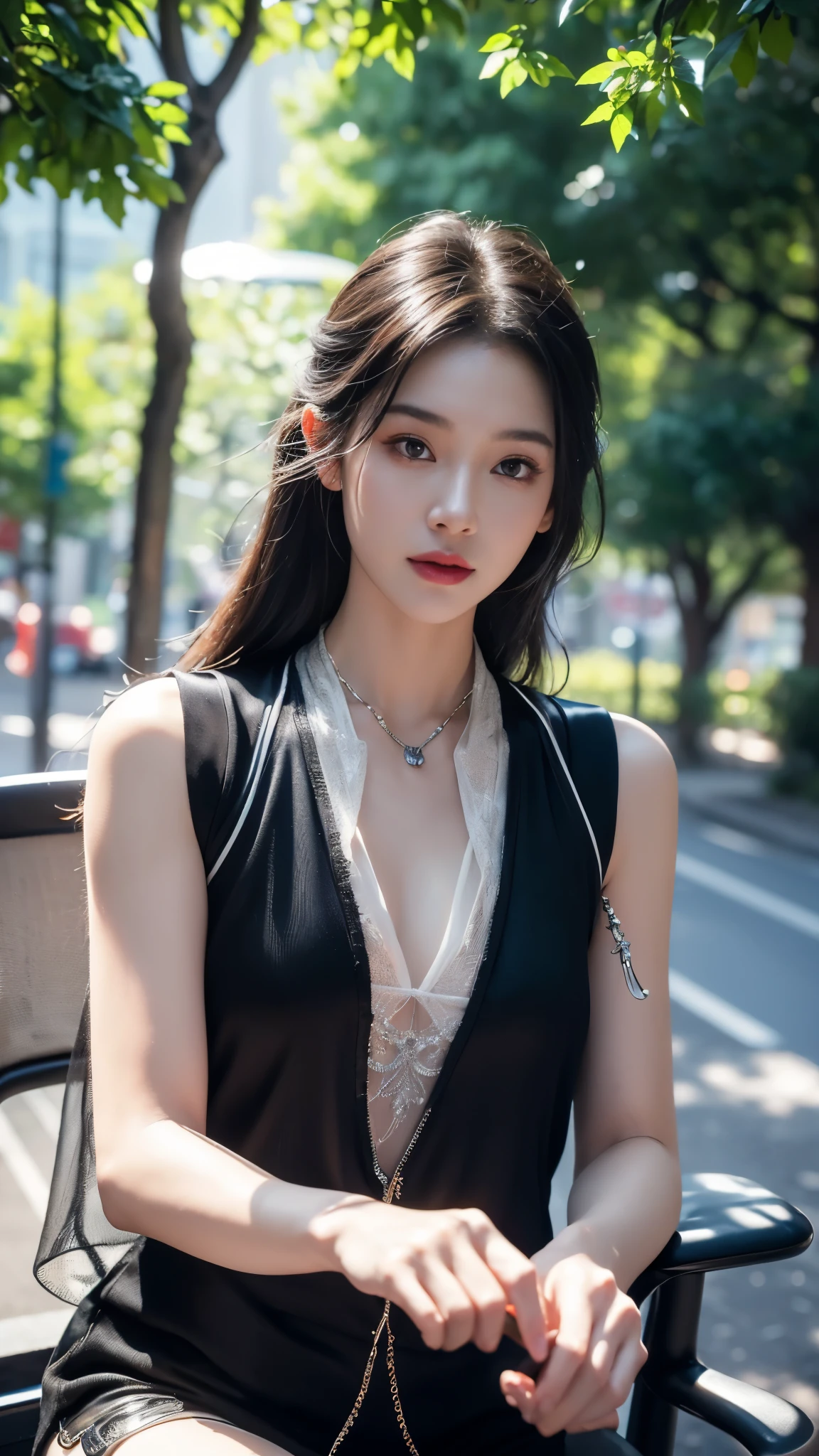 ((best quality)), ((masterpiece)), (detailed), 1girl, beautiful straight black long hair , black long jacket , black bra , standing position , sexy poses , standing on the side streets of town , luxury bracelets , luxury necklace , pointing gun