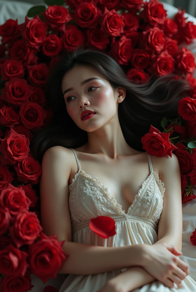 Beautiful naked asian woman lying in the bed of roses