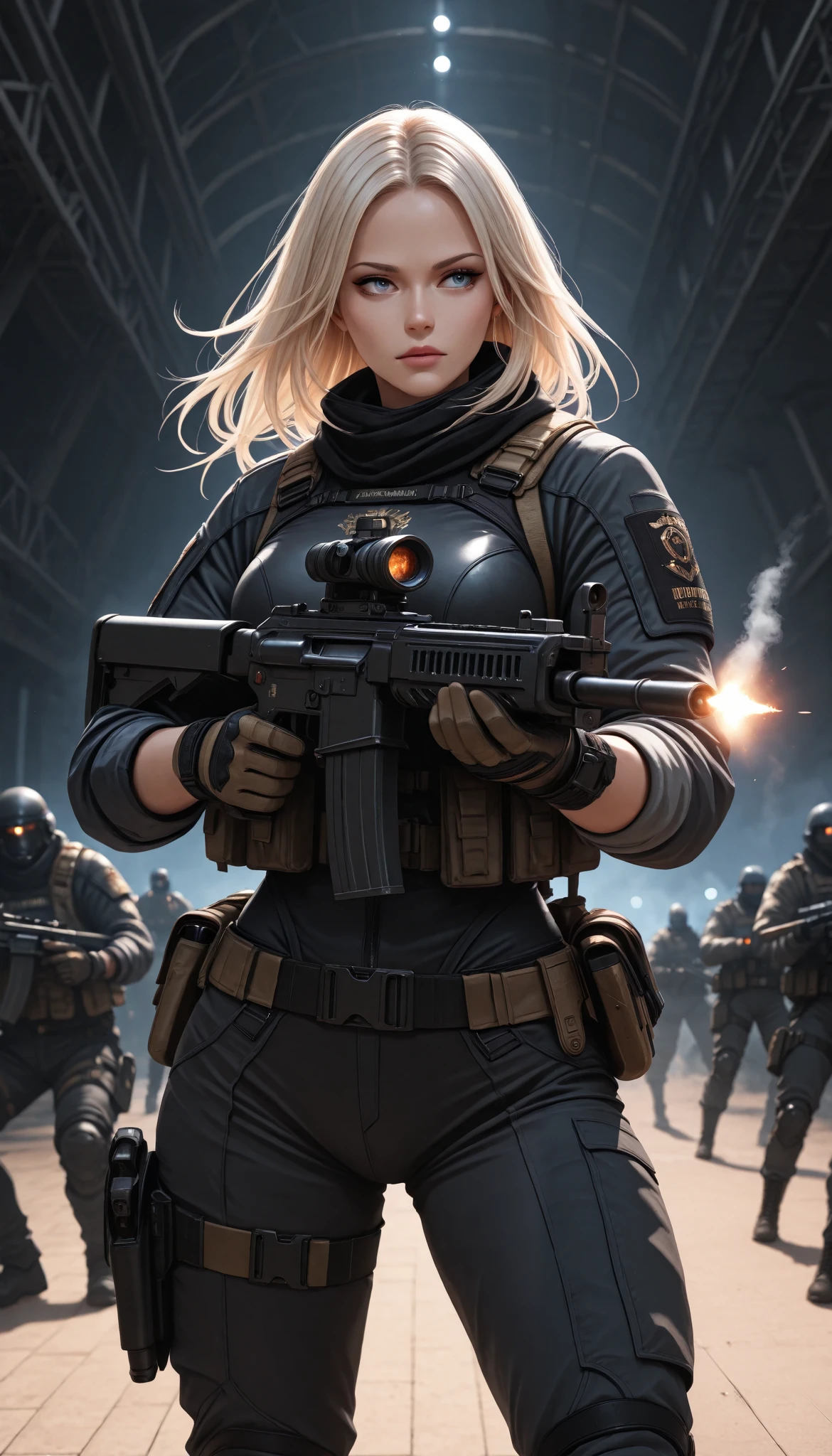 (masterpiece, Best Quality:1.2), 1 girl, Alone, \ characters "Atlas"\, combat motion with a gun, light manners to dodge bullets, stare at enemies and fight back, realistic bullets fired from powerful high-performance rifles, cinematic smoke stage, cool& beauty combat action,