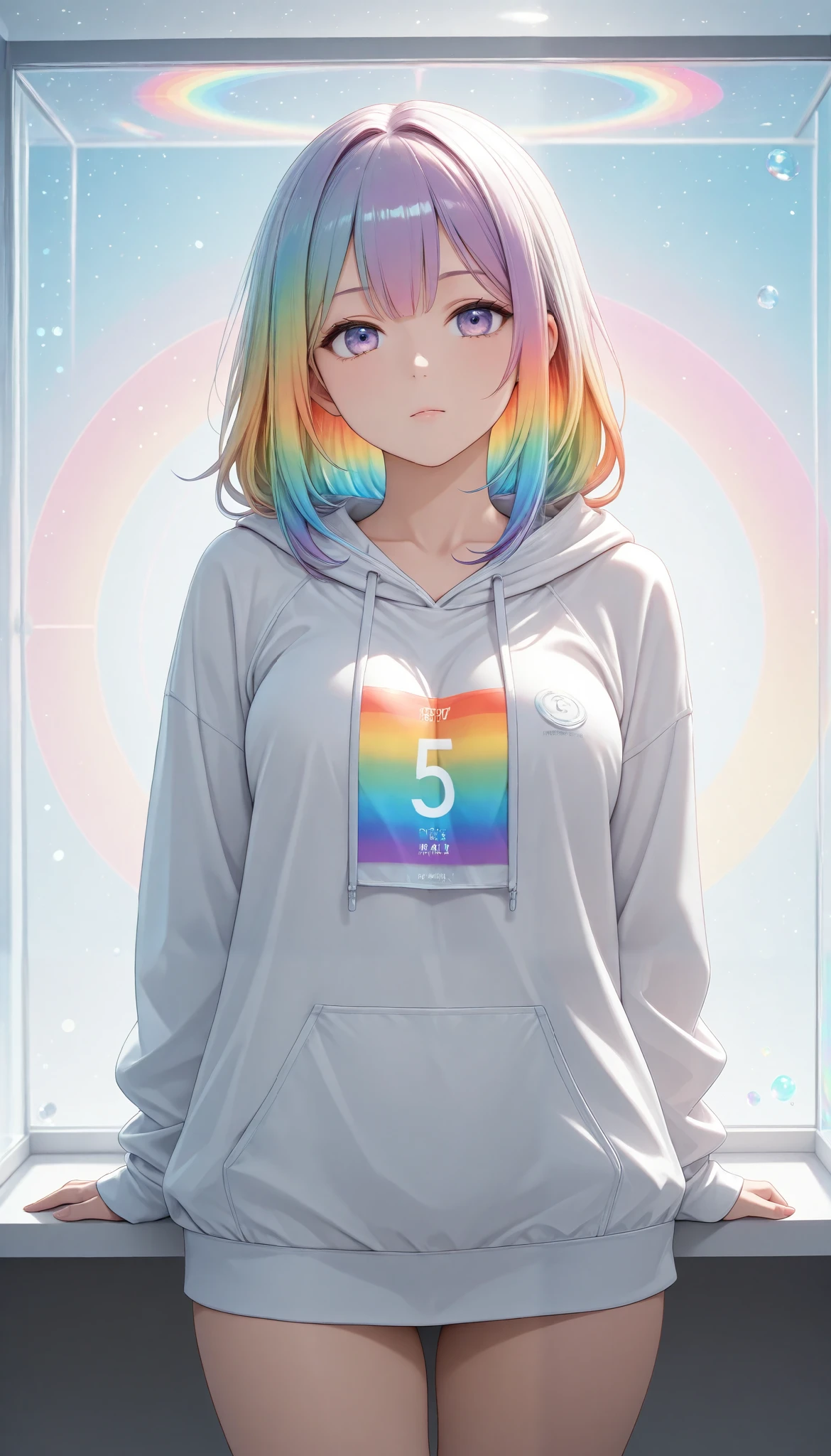 (masterpiece, best quality:1.2), a girl, Alone, Dolshy, holographic background , transparent and colorful rainbow, maximum number of colors that can be output