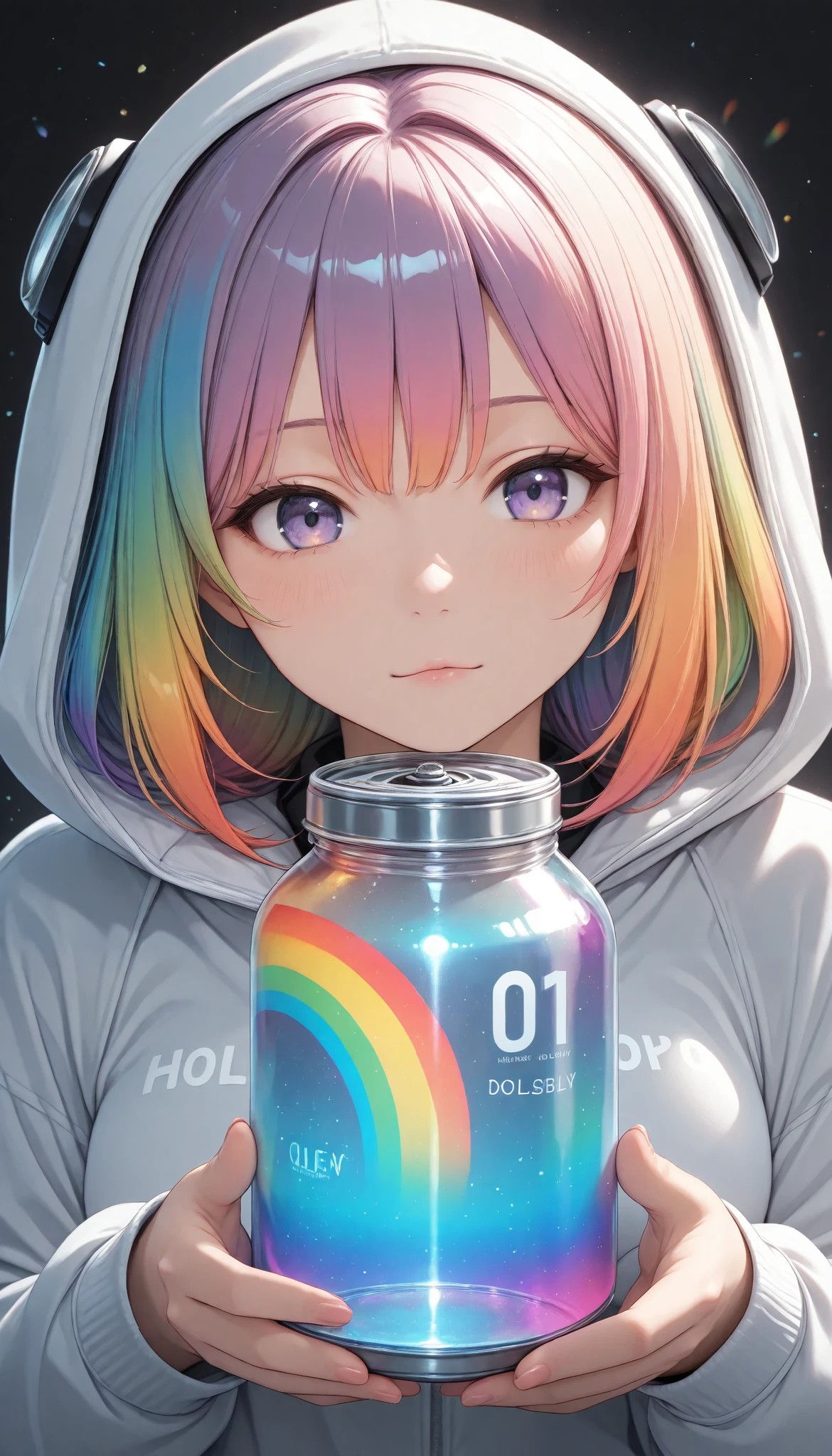 (masterpiece, best quality:1.2), a girl, Alone, Dolshy, holographic background , transparent and colorful rainbow, maximum number of colors that can be output