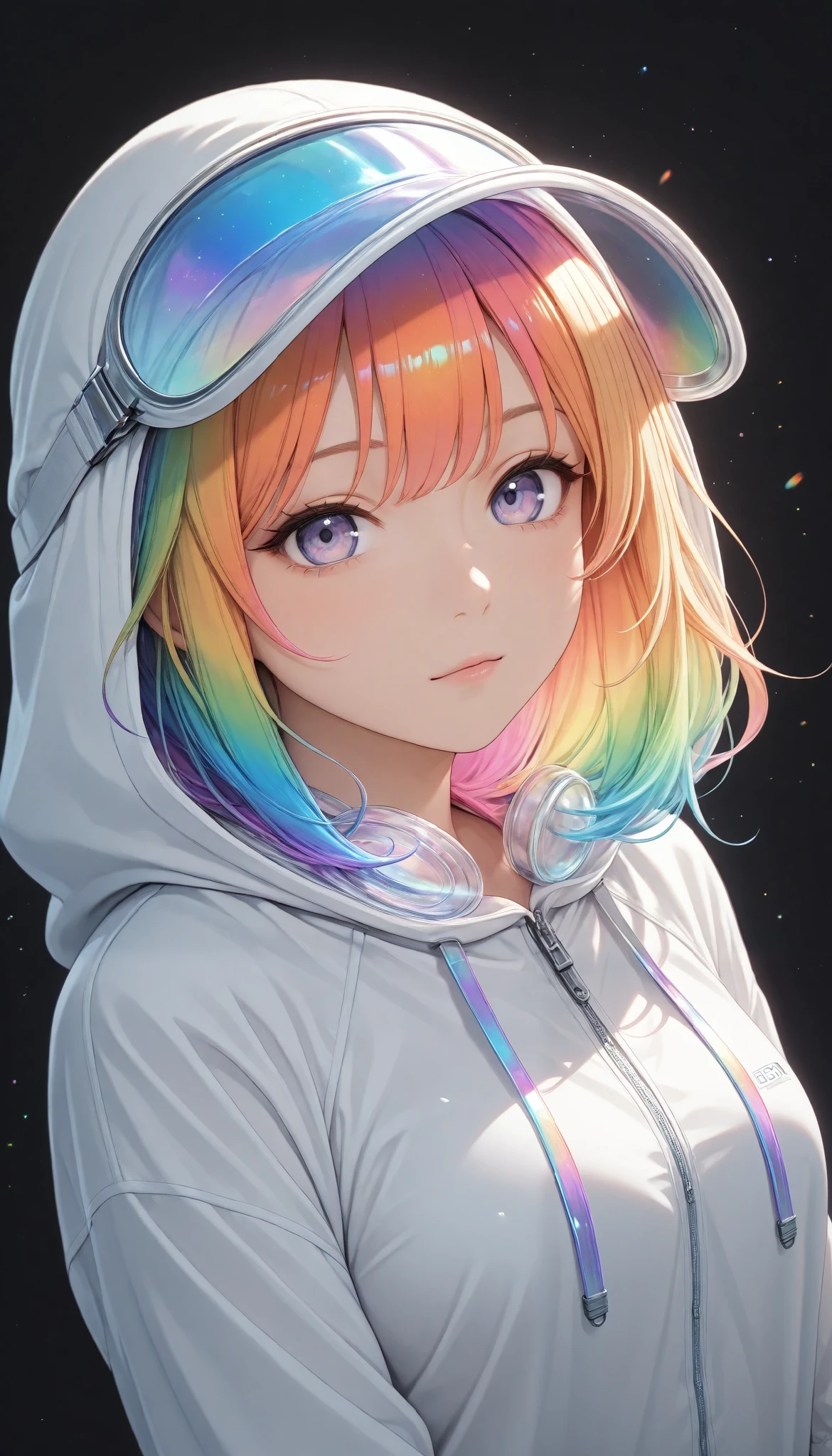 (masterpiece, best quality:1.2), a girl, Alone, Dolshy, holographic background , transparent and colorful rainbow, maximum number of colors that can be output