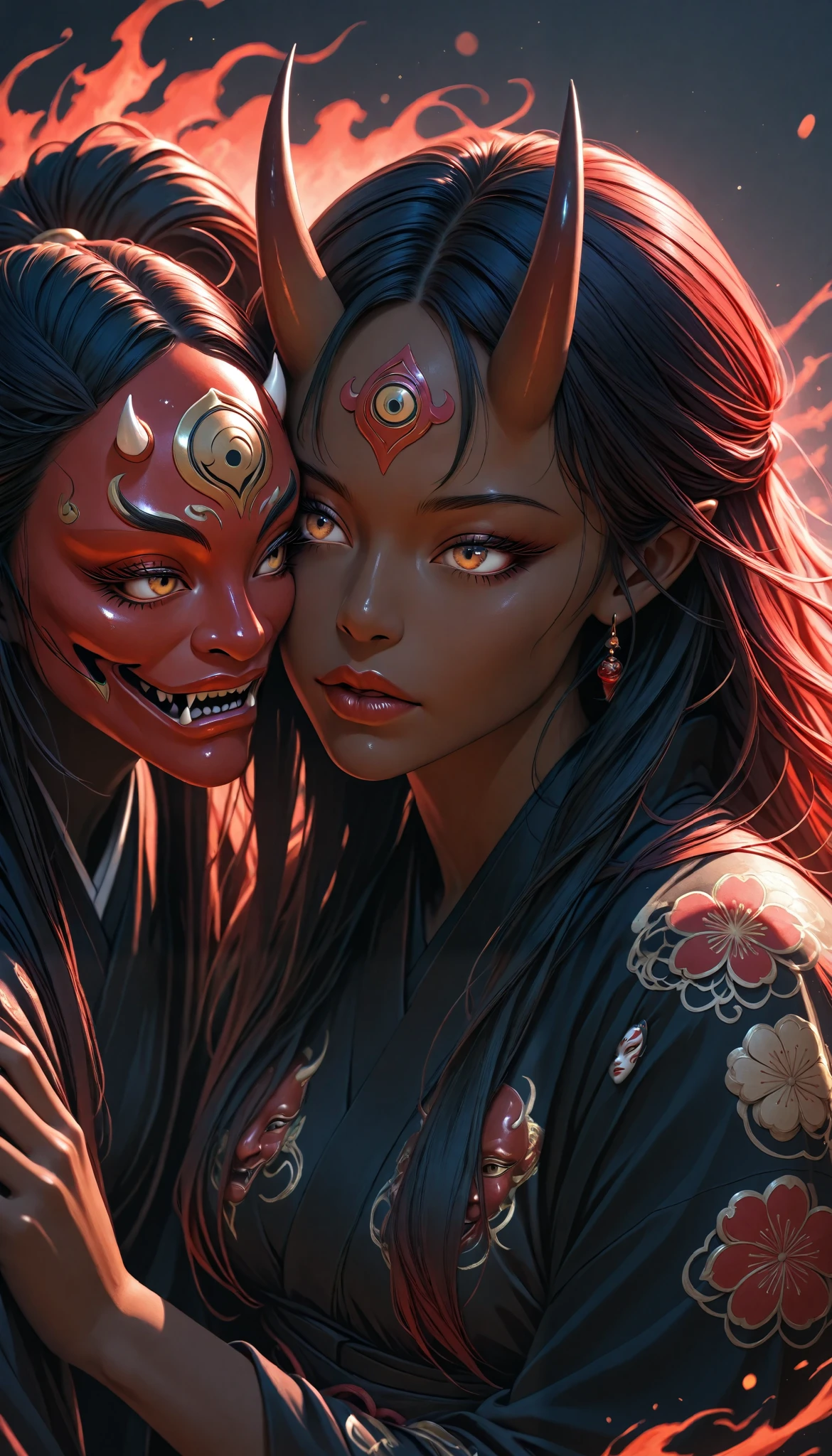 A powerful oni woman, beautiful detailed eyes, beautiful detailed lips, extremely detailed eyes and face, long eyelashes, dark skin tone, Japanese demon Noh mask, flowing robes, attacking with love, fantasy creature, vivid colorful, matte, dark tone, high quality, 8k, detailed, intricate, photorealistic, digital art