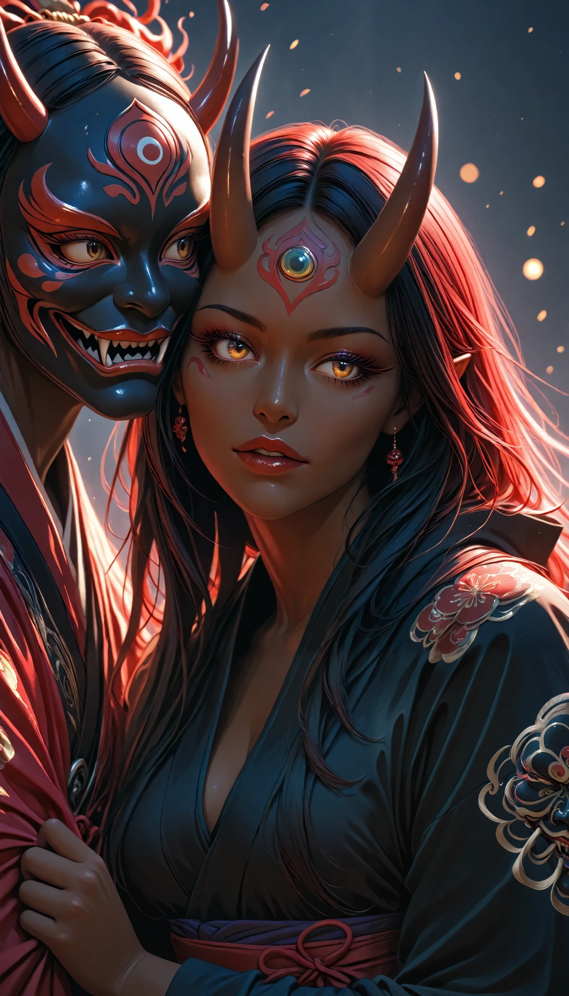 A powerful oni woman, beautiful detailed eyes, beautiful detailed lips, extremely detailed eyes and face, long eyelashes, dark skin tone, Japanese demon Noh mask, flowing robes, attacking with love, fantasy creature, vivid colorful, matte, dark tone, high quality, 8k, detailed, intricate, photorealistic, digital art