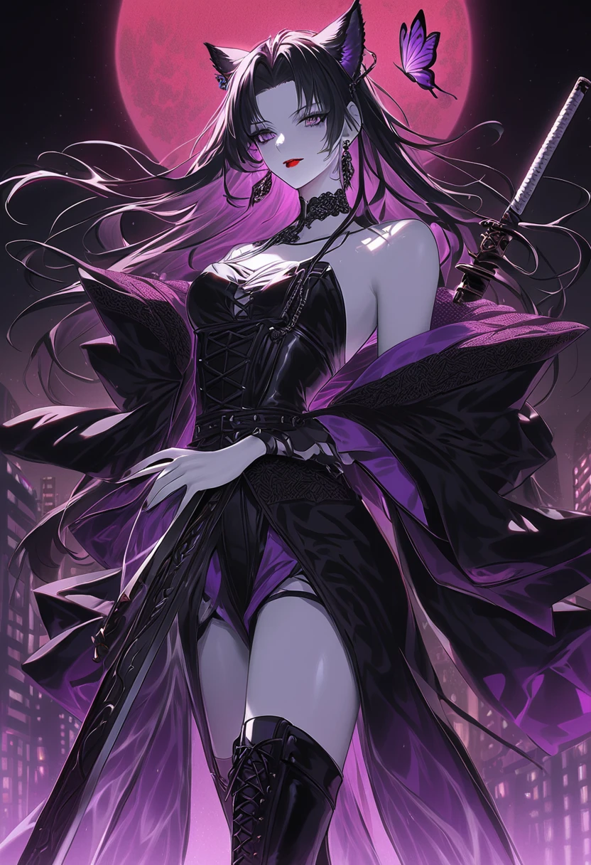 A pink haired reaper with violet eyes and an hourglass figure in a black flowing gown is smiling while spinning her scythe in the creepy forest