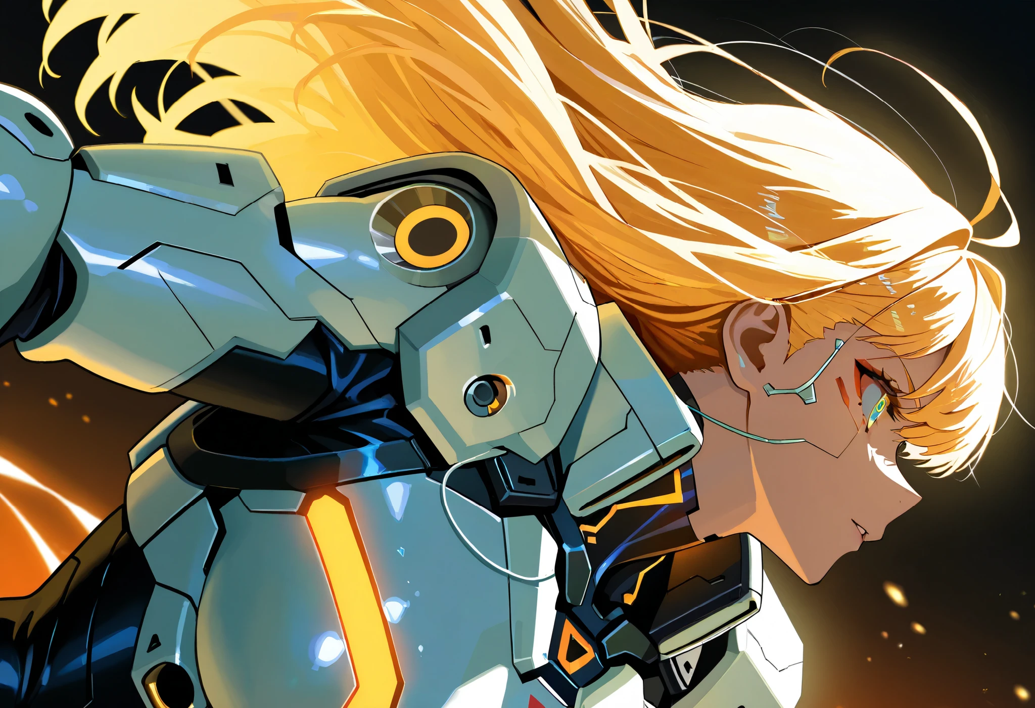 Cyberpunk anime soldier girl, wearing a sleek white and orange power suit, futuristic armor with glowing details, advanced technology, long blonde hair, anime illustration with soft and dynamic lighting. --ar 3:4 --style raw --profile --stylize 200