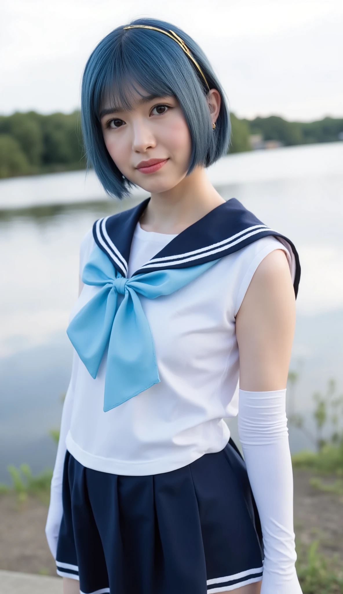 A high resolution photograph of s Japanese female idol, masterpiece, best quality, Intricate details, extreme details, very aesthetic, award winning, sharp focus, cinematic lighting, solo, 1girl, Sailor Mercury, (glossy short blue hair:1.5), detailed face, detailed eyes, pale skin, fine-textured skin, wearing a sailor senshi uniform, sailor suit type uniform, gold head circlet, earrings, jewelry, navy-blue sailor collar, navy-blue choker, lite-blue ribbon on chest, white elbow gloves, navy-blue ultra-miniskirt, navy-blue knee boots, nipple pokies,
wind blows miniskirt, random poses, outdoors, lakeside, at dusk,