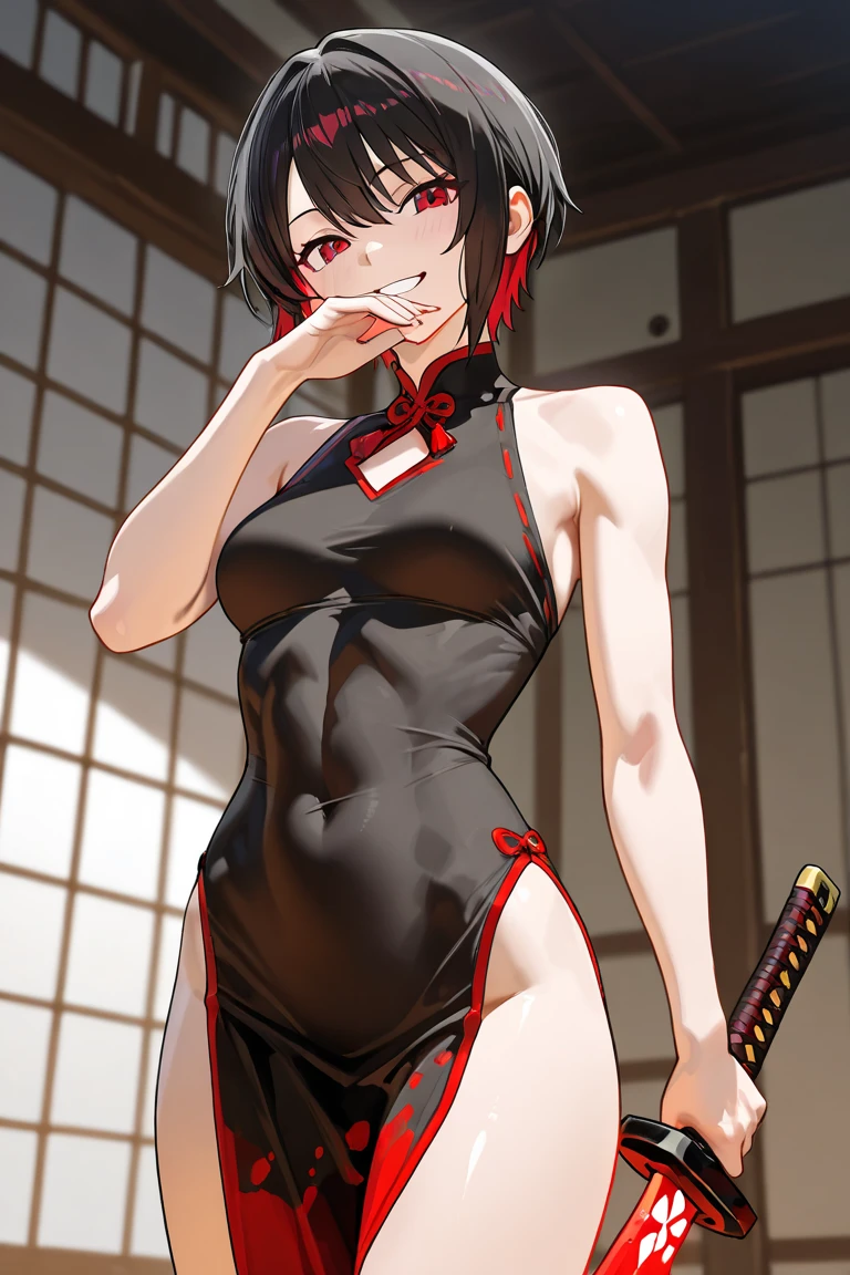 score_9, score_8_up, source_anime, solo, 1girl, tomboy, dress, annie leonhart, attack on titan, lole, young, ((aged down)), ikuchan, black hair, black hair, oriental, Chinese dress, short dress, short hair, indoors, boob window, pussy slip, french Barrett hat