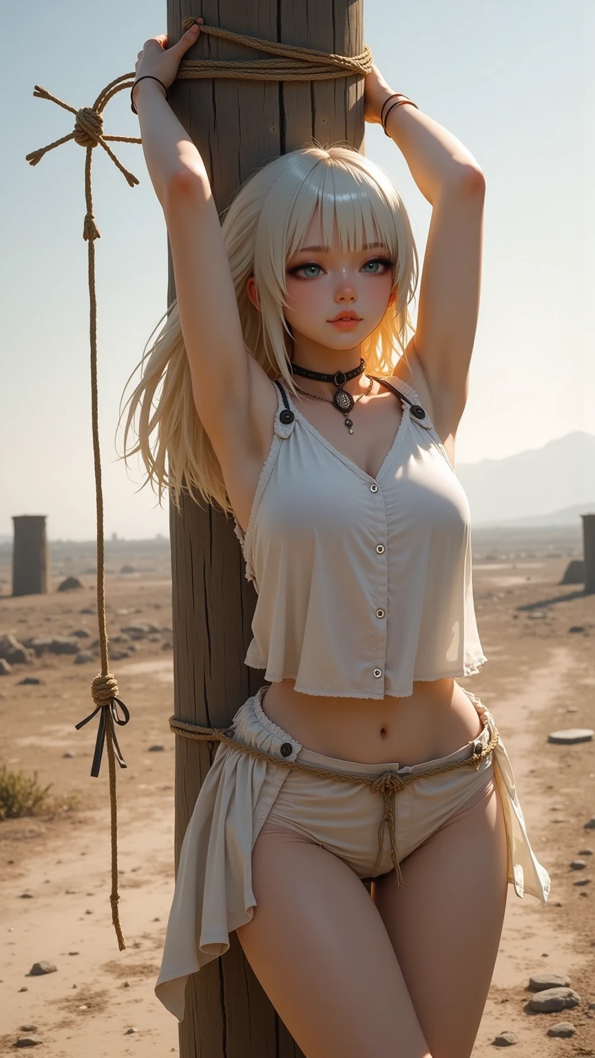 1girl white skin, pretty face, helpless, begging face, pov hands,, hands tied up, in restraints, handcuffed, pulled by another, lifted by another, grabbing, pulling, pull up bra, shorts, navel tickled with fingers, hands raised, helpless, whole body, navel, in africa, afternoon, raped, other kids black skin