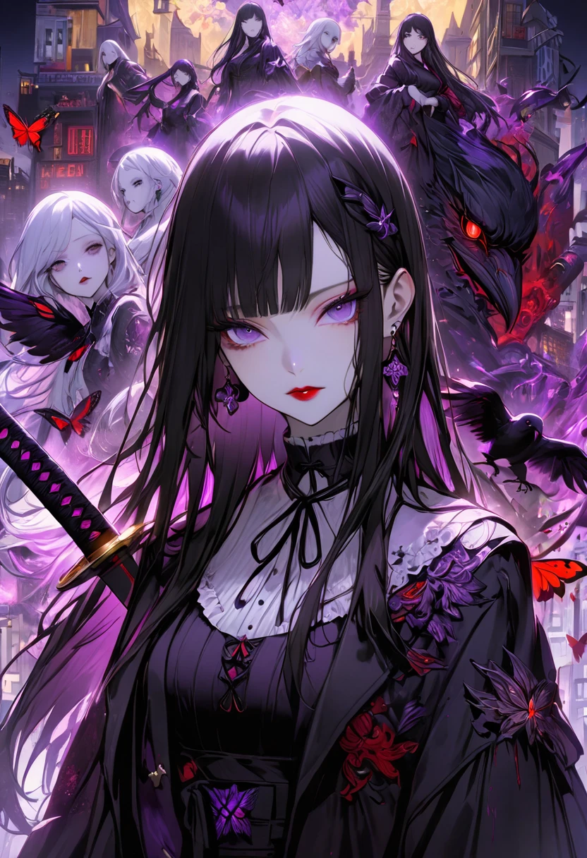in style of Harry Clarke,in style of Alma Woodsey Thomas,in style of Santiago Caruso,in style of American McGee,
1girl,purple flames enveloped the bird,(huge bird:1.5),(huge bird pupils:1.3),purple eyes,crow,(purple fluorescent flames,:1.4),bangs,glowing,long hair,glowing eyes,long sleeves,black hair,purple hair,looking at viewer,jewelry,blunt bangs,from side,solo,feathers,purple theme,breasts,blurry foreground,blurred background,darkness,absolute darkness,absolute shadows,panorama,