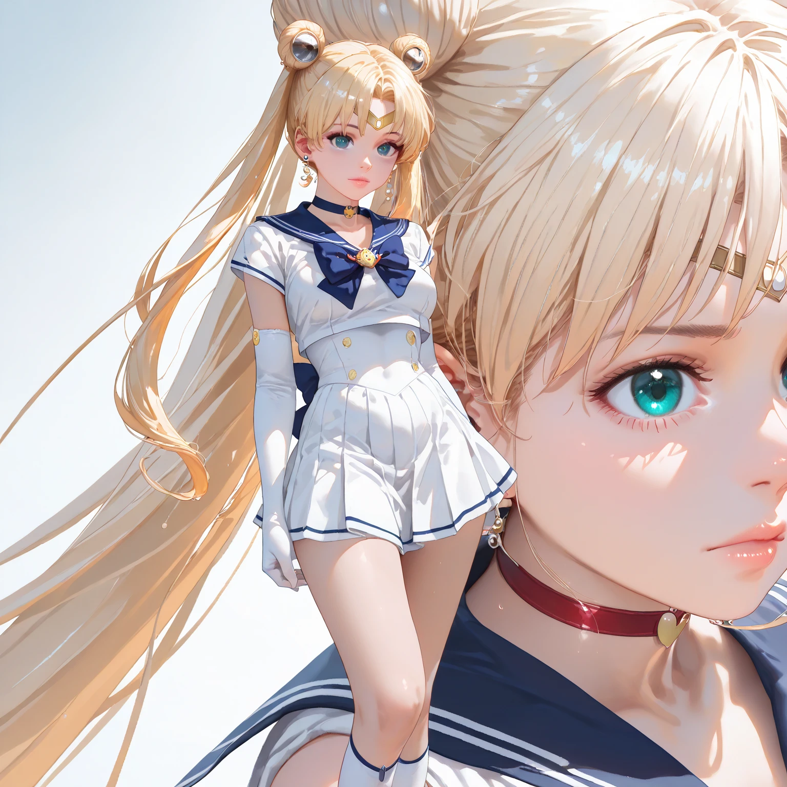 Sailor moon, blonde, long twintails, white leotard, blush, solid color background, grey background