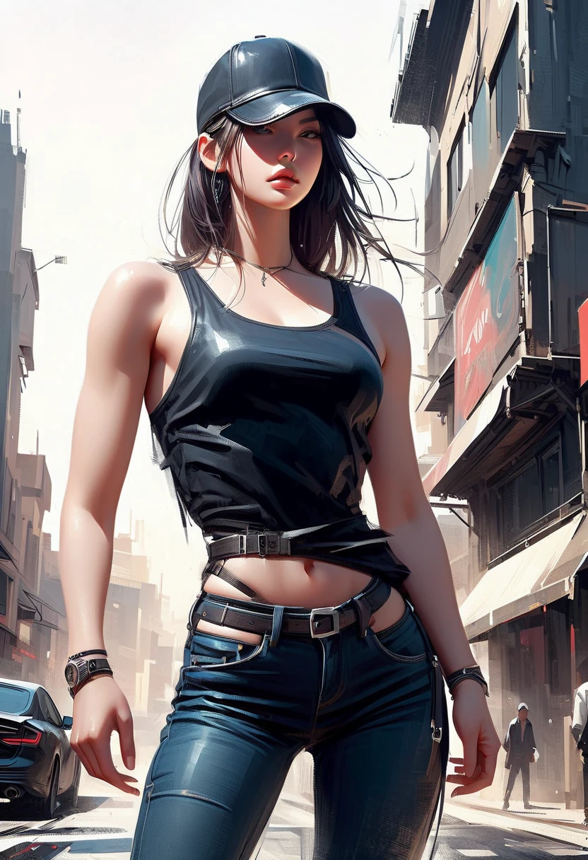 arafed woman in a black top and ripped jeans standing in front of a building, wearing a sexy cropped top, wearing a crop top, wearing a cropped top, bare midriff, exposed midriff, wearing a cropped tops, wearing a cropped black tank top, physical : tinyest midriff ever, tinyest midriff ever, bellybutton has a metal piercing, underboob,short jeans,naval piercing silver,lewd pose,slutty pose