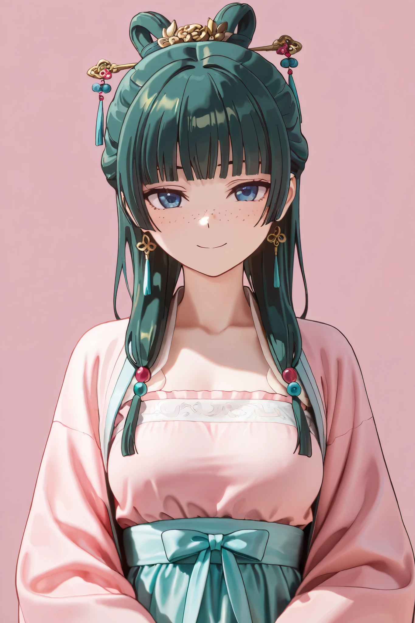 NSFW,masterpiece,Highest quality,high resolution,very detailed,Cat\( one by one person at the drugstore\),long hair、bangs、 blue eyes、hair ornaments close to the garden、 green hair、鈍いbangs、 freckles、 bun hair, single bun,Hanfu,Chinese clothing,maid,Bad Smile