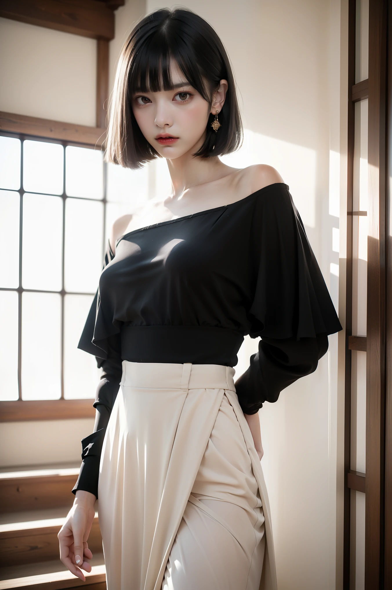 Cowboy Shot、(Updo with bangs)、straggling hair、Black Hair、(Hanging Hair)、((widow))、((mourning dress))、((((Black long sleeve mourning clothes))))、(((Japanese-style room)))、((((Funeral))))、Black formal wear、Highest quality,(RAW Photos:1.2)、(Realistic:1.4),(High resolution:1.4), 1 Girl, Written boundary depth,, Exquisitely crafted,8K, Very detailed, Perfect lighting, Spectacular Background、((Delicate painting)),(女の子の詳細なRAW Photos),(Highest quality:1.6), (超High resolution:1.5), (Realistic:1.75), 8K resolution, Canon EOS R5, 50mm, Very detailedな,Cinema Lighting,Correct finger、sit、((Spread your legs))、((((Skirt flip))))、Bright green panties、Pearl Necklace、Pearl Earrings、(Clothing that covers the chest)、((There is a coffin))、((Minimally revealing clothing))、(The altar is decorated with a bouquet of chrysanthemums.)、candlestick、