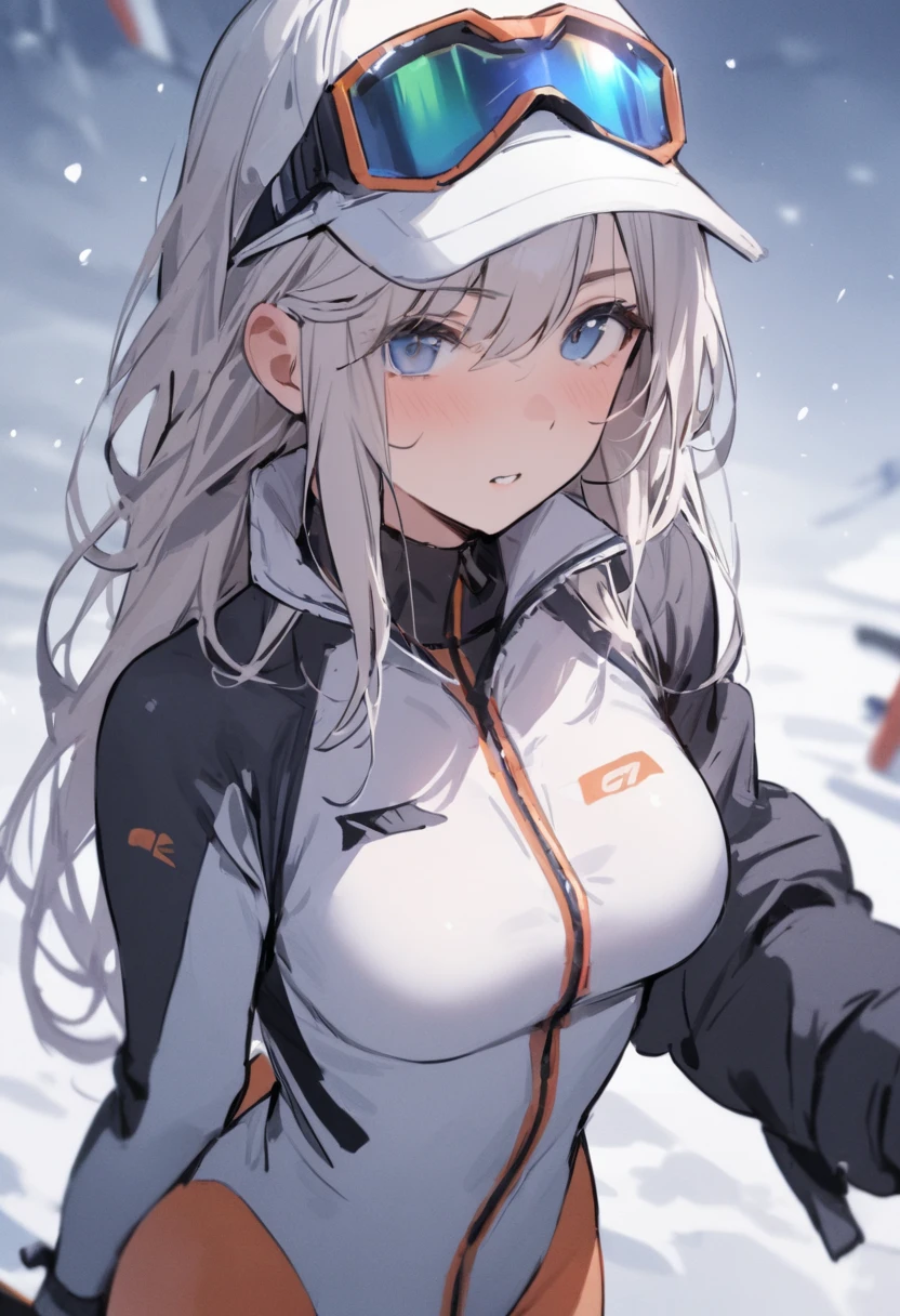 (blcrazln:1.2), 1girl, solo, goggles, bodysuit under cropped jacket, gloves, white footwear, (spread legs), blush, smile, red eyes, <lora:blcrazln_release:0.8>
